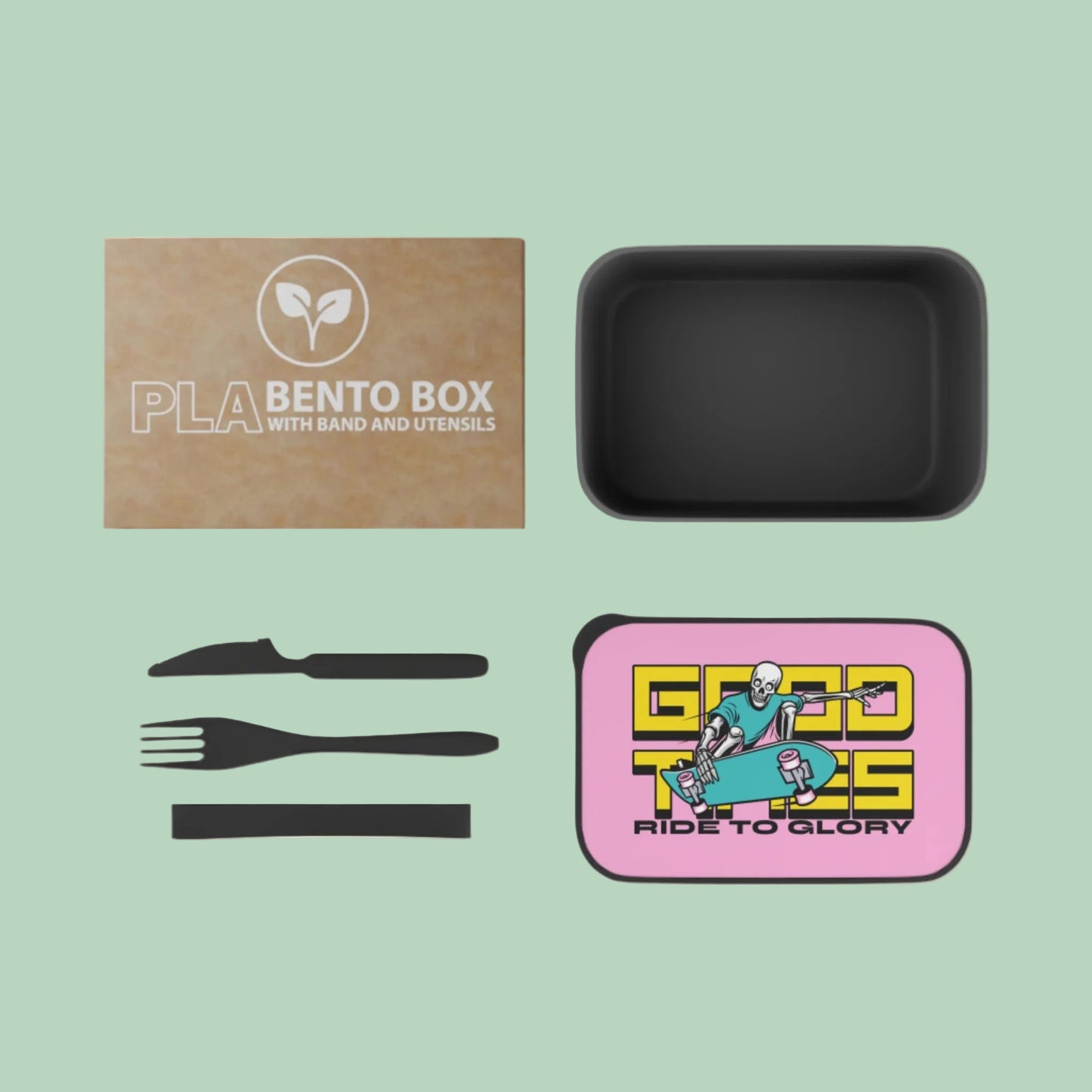 Skater lunch Box Ride to Glory, Skateboard Lunch Container with Band and Utensils, Eco-friendly Colorful skater bento Box