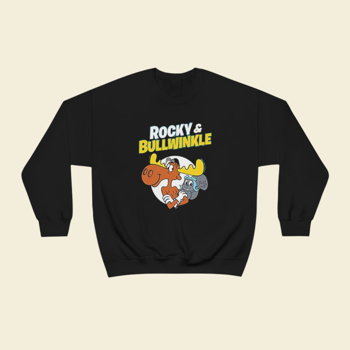 60s cartoon Rocky and Bullwinkle Unisex Heavy Blend™ Crewneck Sweatshirt Gildan 18000. Black sweater.