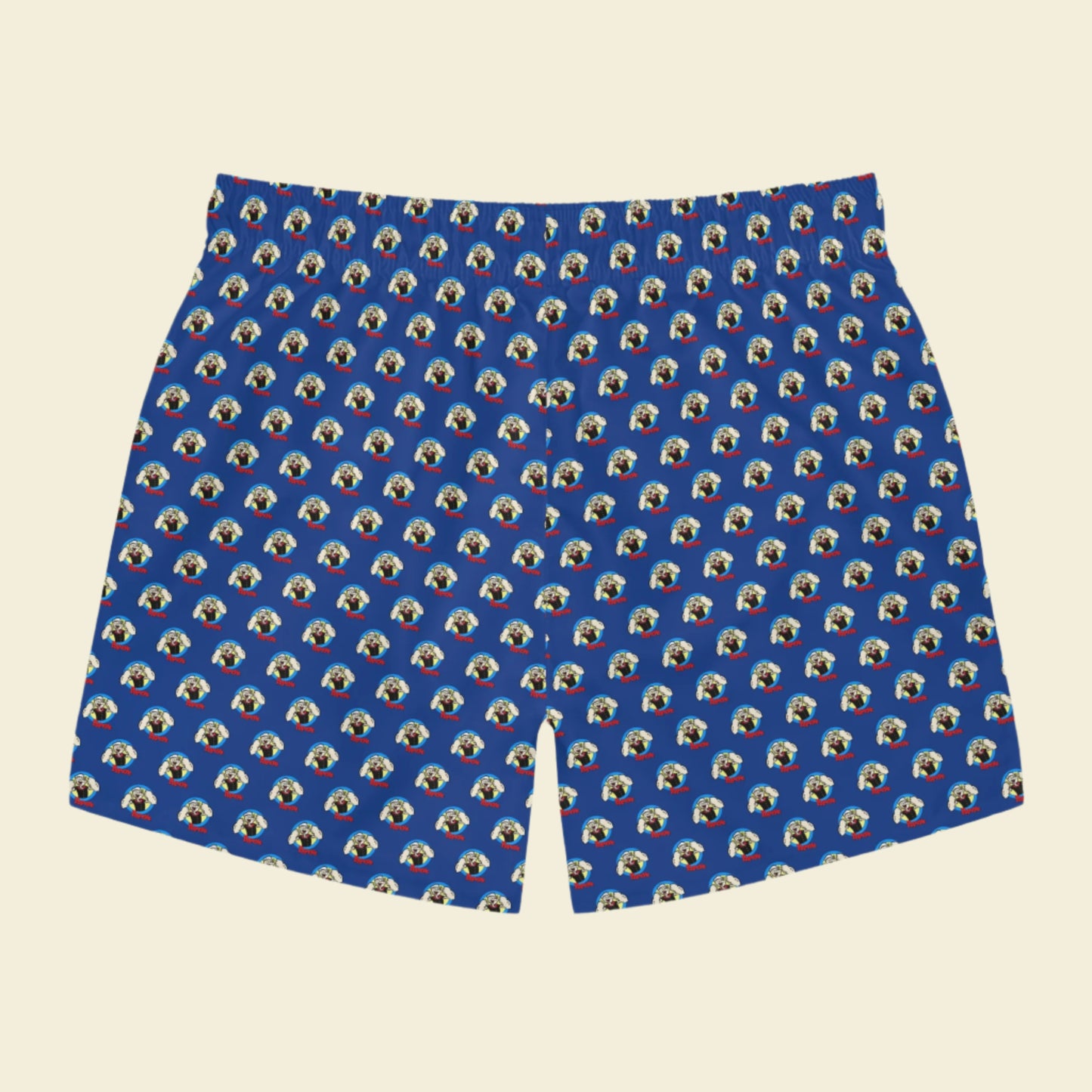 Popeye cartoon swim trunks. Popeye Swim shorts. Blue swim shorts make a great popeye gift. Ideal for Vacations.