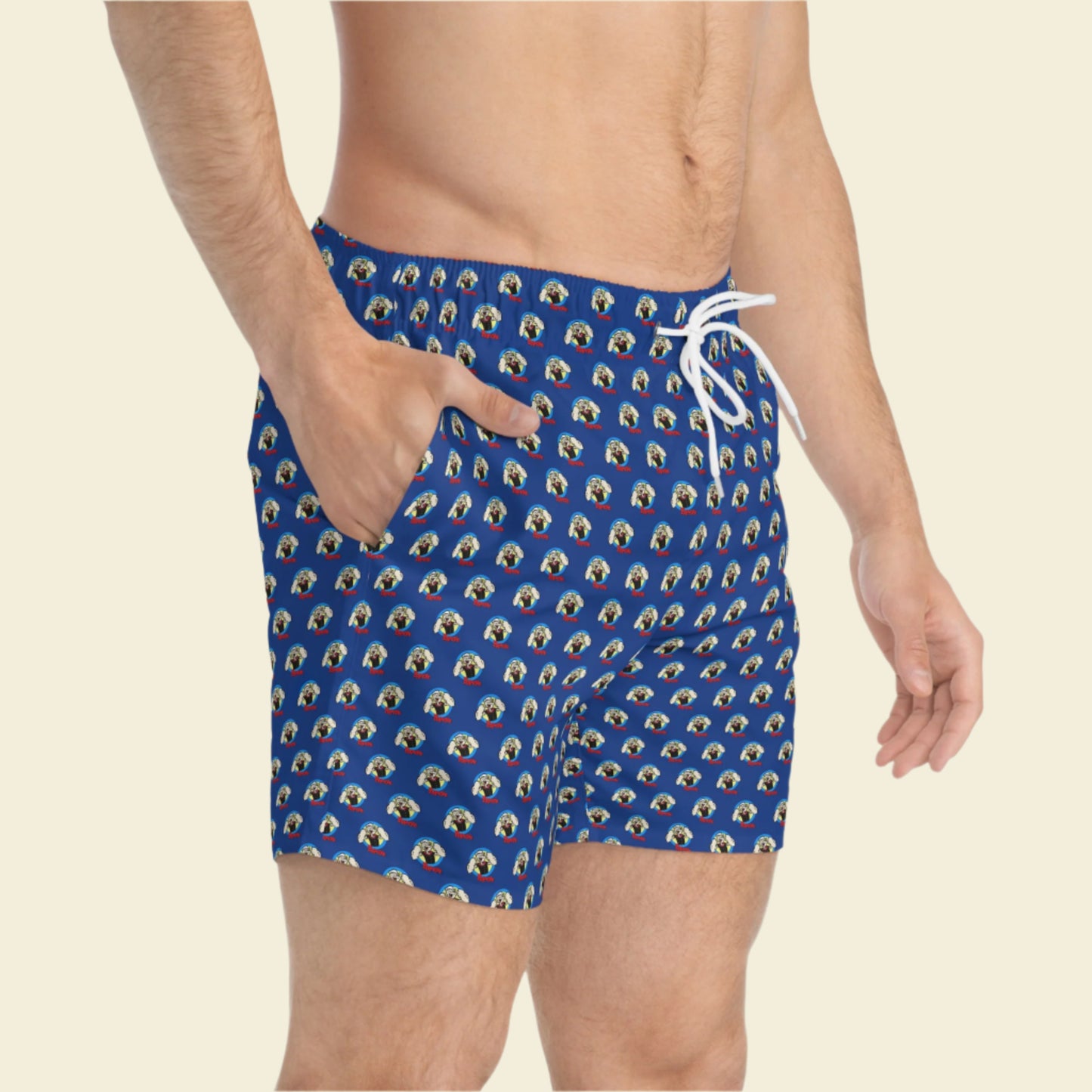 Popeye cartoon swim trunks. Popeye Swim shorts. Blue swim shorts make a great popeye gift. Ideal for Vacations.