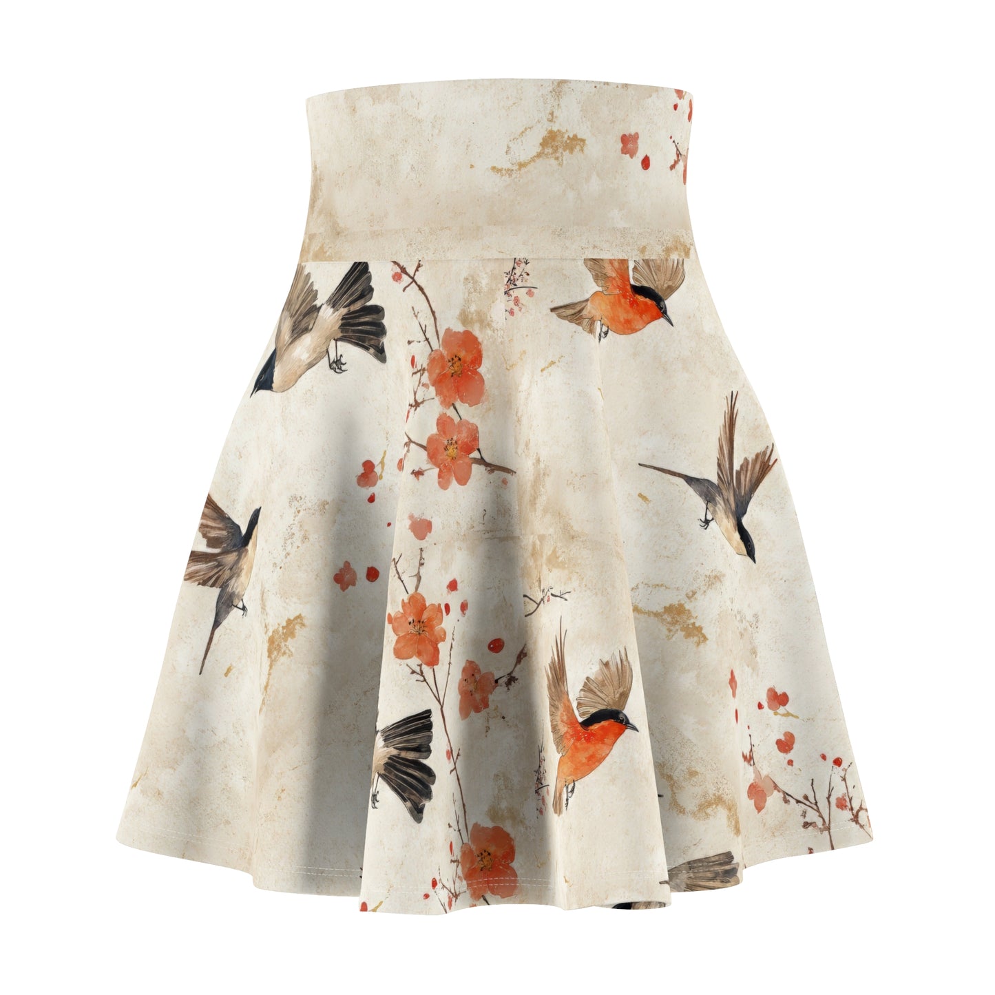Japanese bird Skater Skirt. Stretchy flared casual mini skater skirt for women. Designed and assembled in the USA.