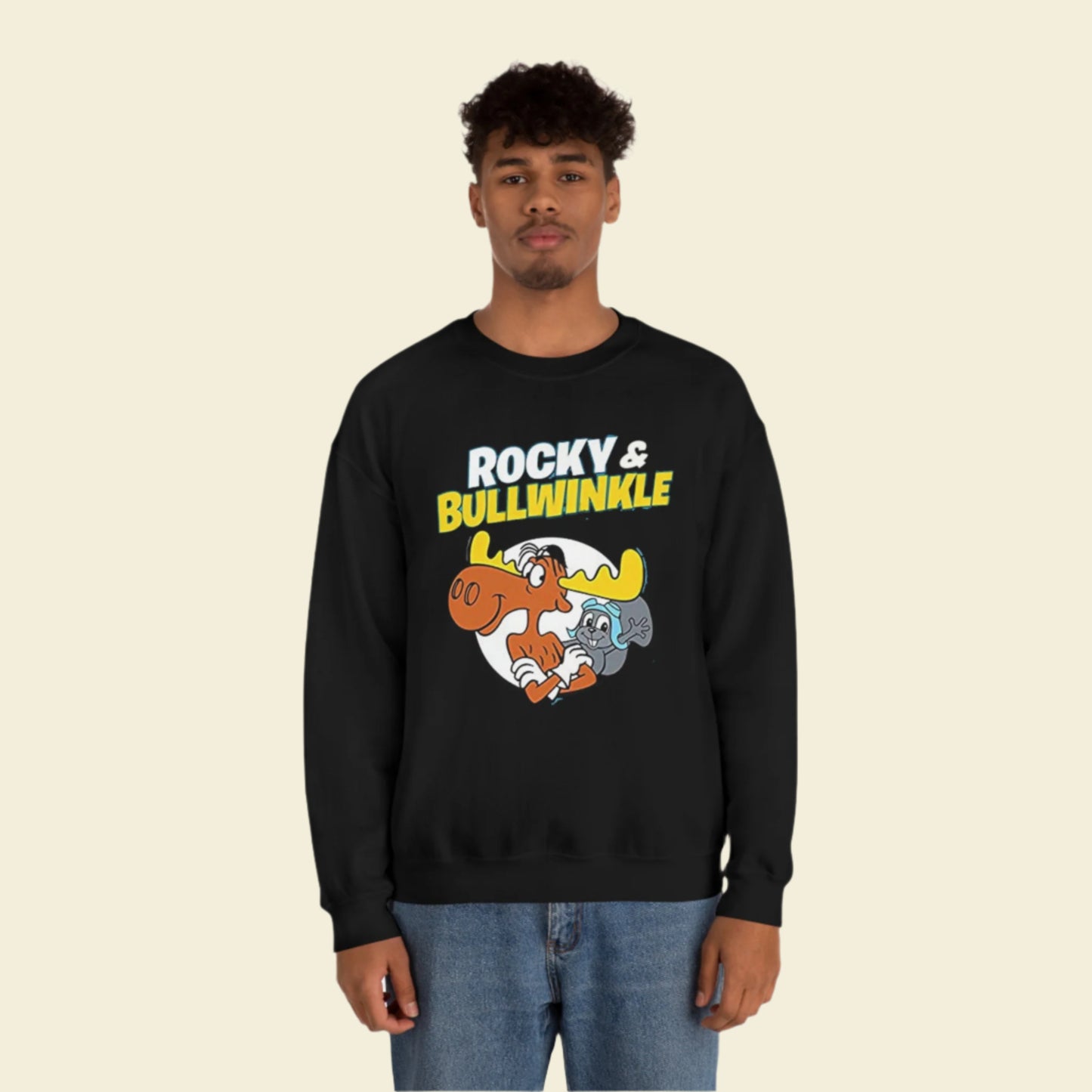 60s cartoon Rocky and Bullwinkle Unisex Heavy Blend™ Crewneck Sweatshirt Gildan 18000. Black sweater.