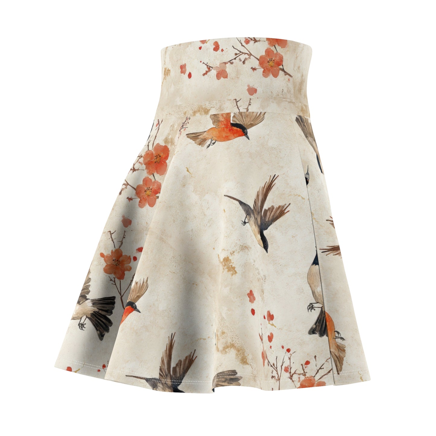 Japanese bird Skater Skirt. Stretchy flared casual mini skater skirt for women. Designed and assembled in the USA.