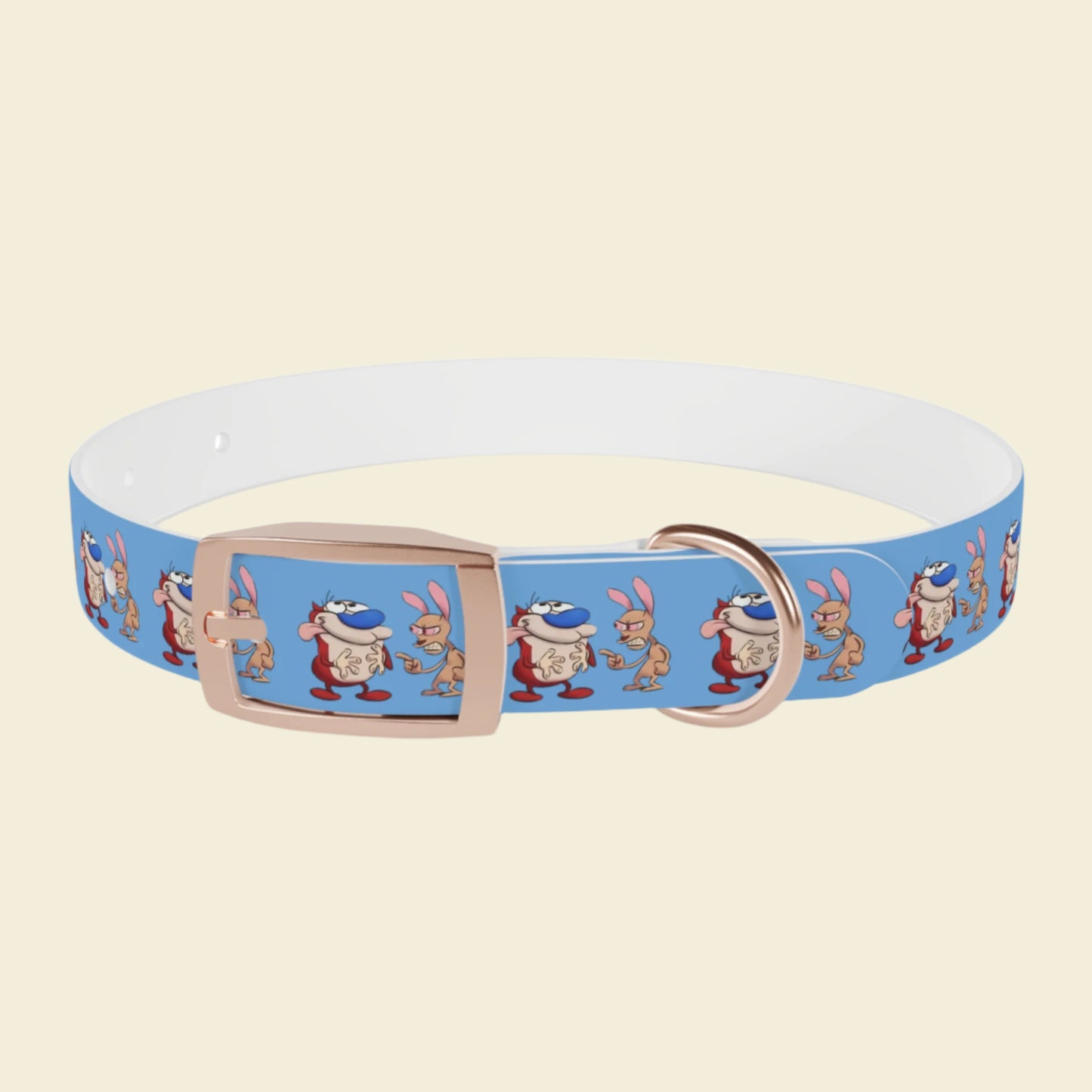 Custom Cartoon Dog Collar Ren and Stimpy. Rose gold buckle blue Pet collar.