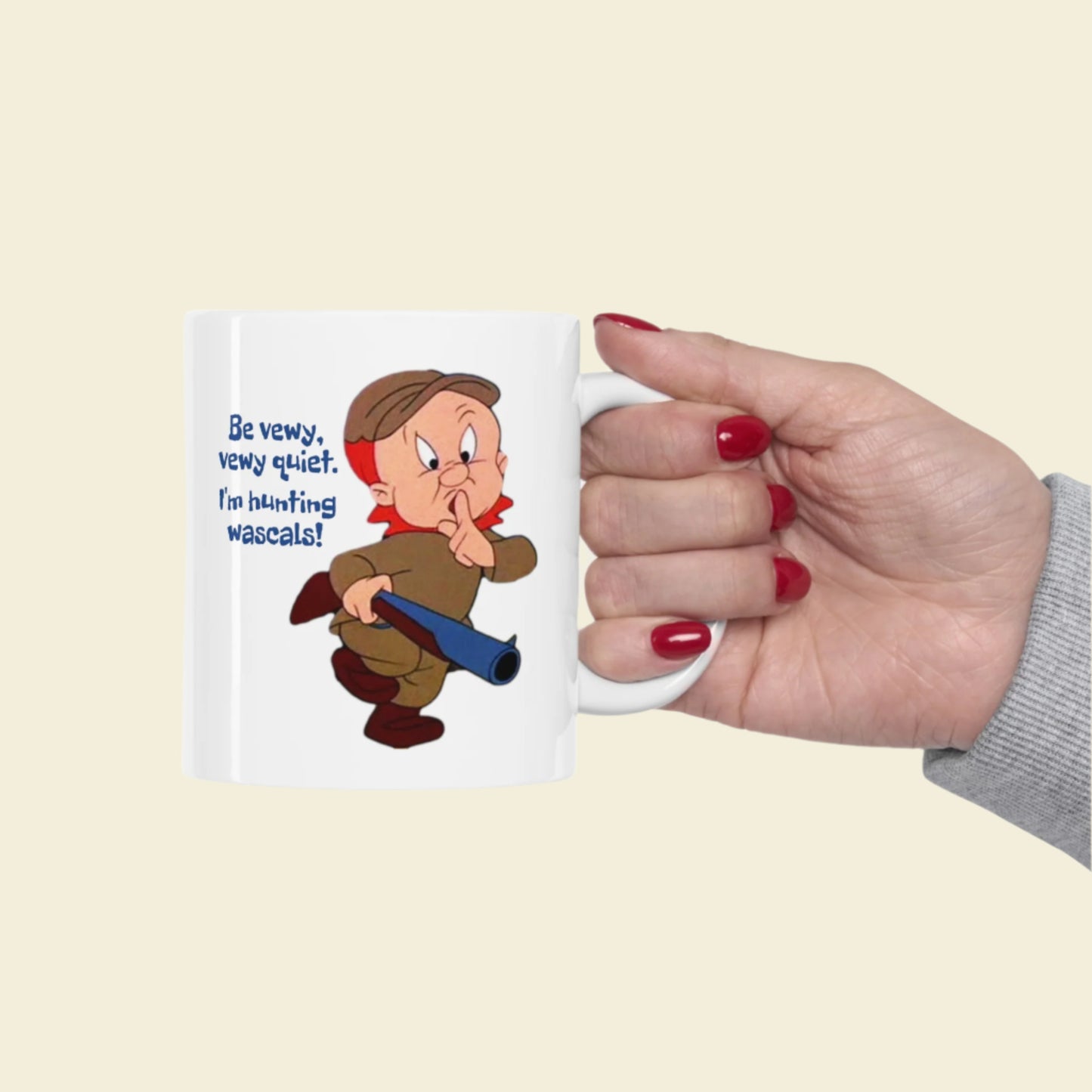 Elmer Fudd Ceramic Mug 11oz. Funny novelty coffee cup with vintage cartoon print. Coffee mug gift for under ten dollars.