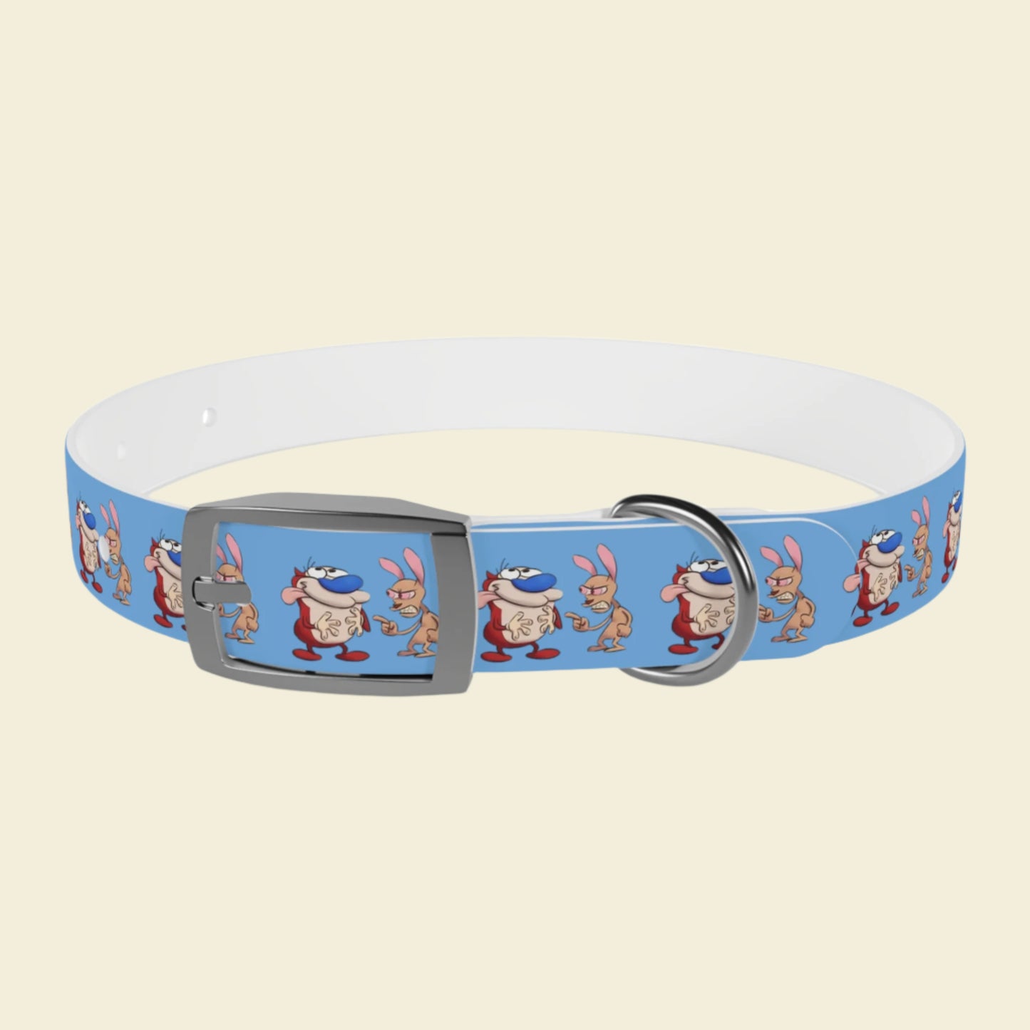 Custom Cartoon Dog Collar Ren and Stimpy. Rose gold buckle blue Pet collar.