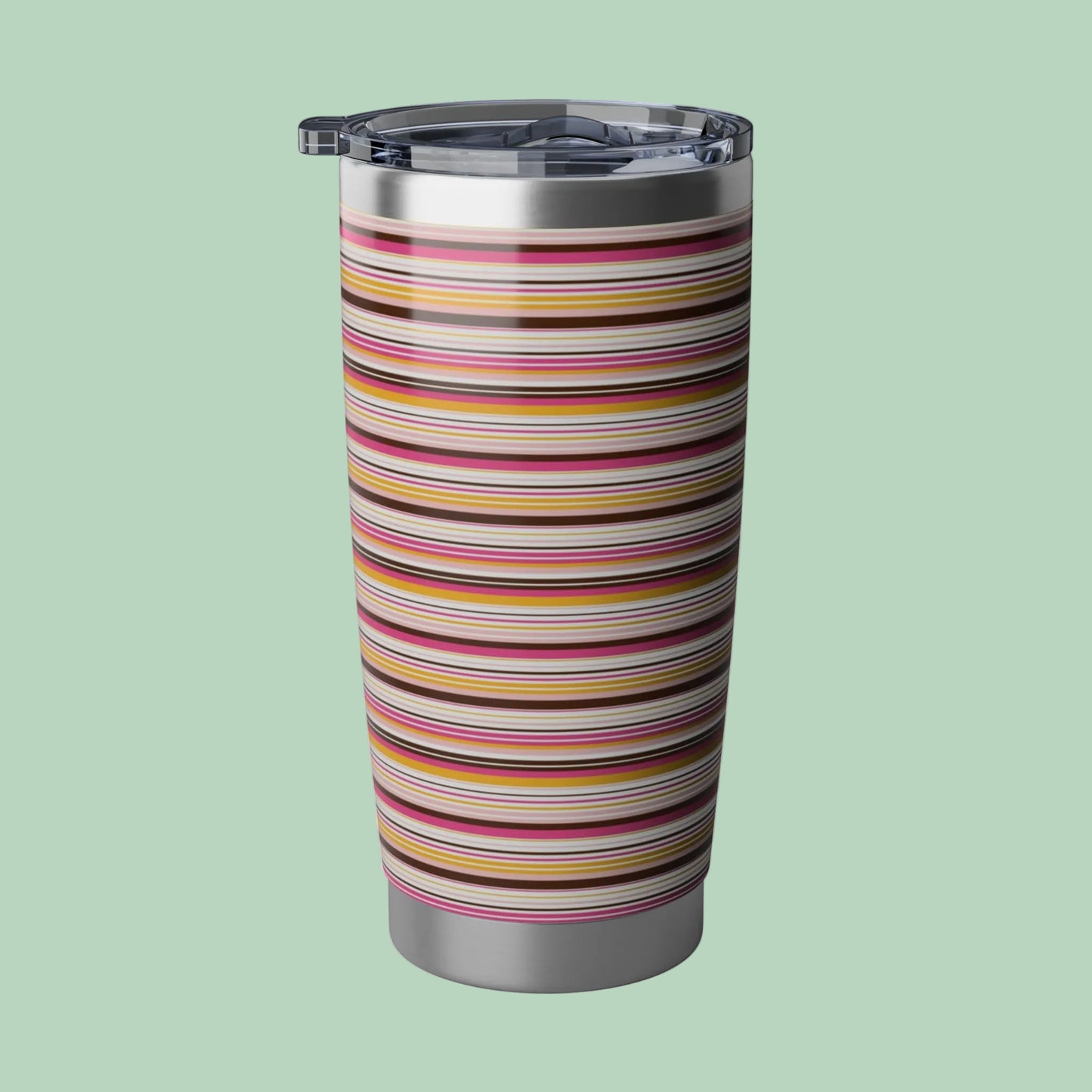 20oz retro stripe stainless steel tumbler with vintage-inspired pink mustard and brown striped design and sliding lid.