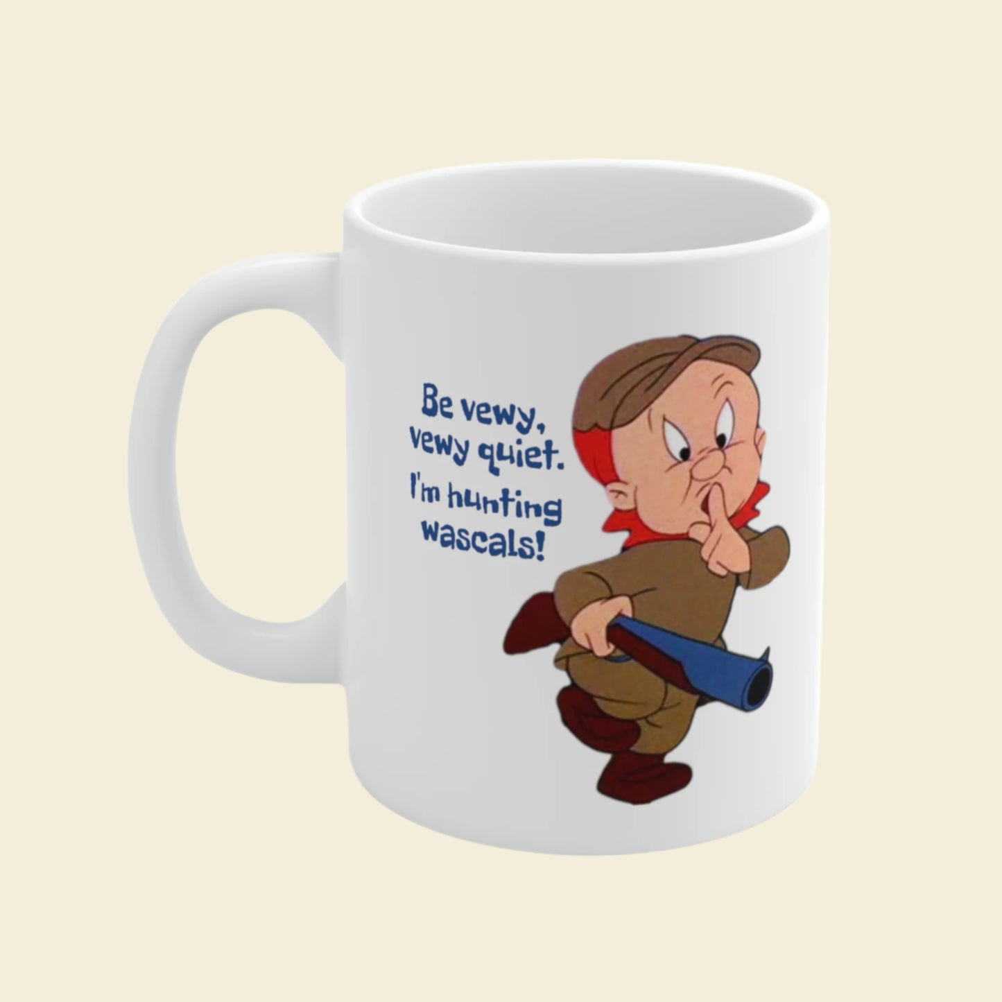 Elmer Fudd Ceramic Mug 11oz. Funny novelty coffee cup with vintage cartoon print. Coffee mug gift for under ten dollars.