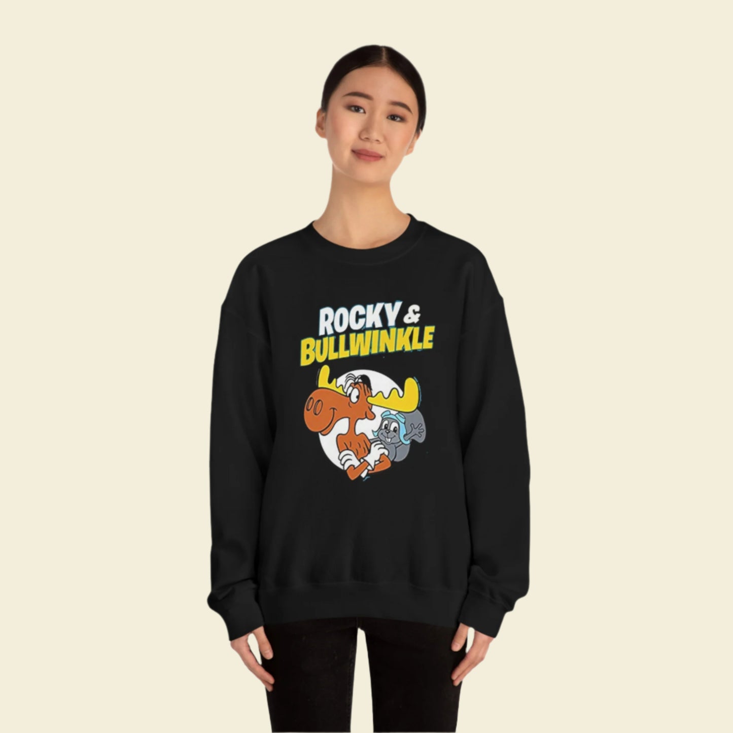 60s cartoon Rocky and Bullwinkle Unisex Heavy Blend™ Crewneck Sweatshirt Gildan 18000. Black sweater.