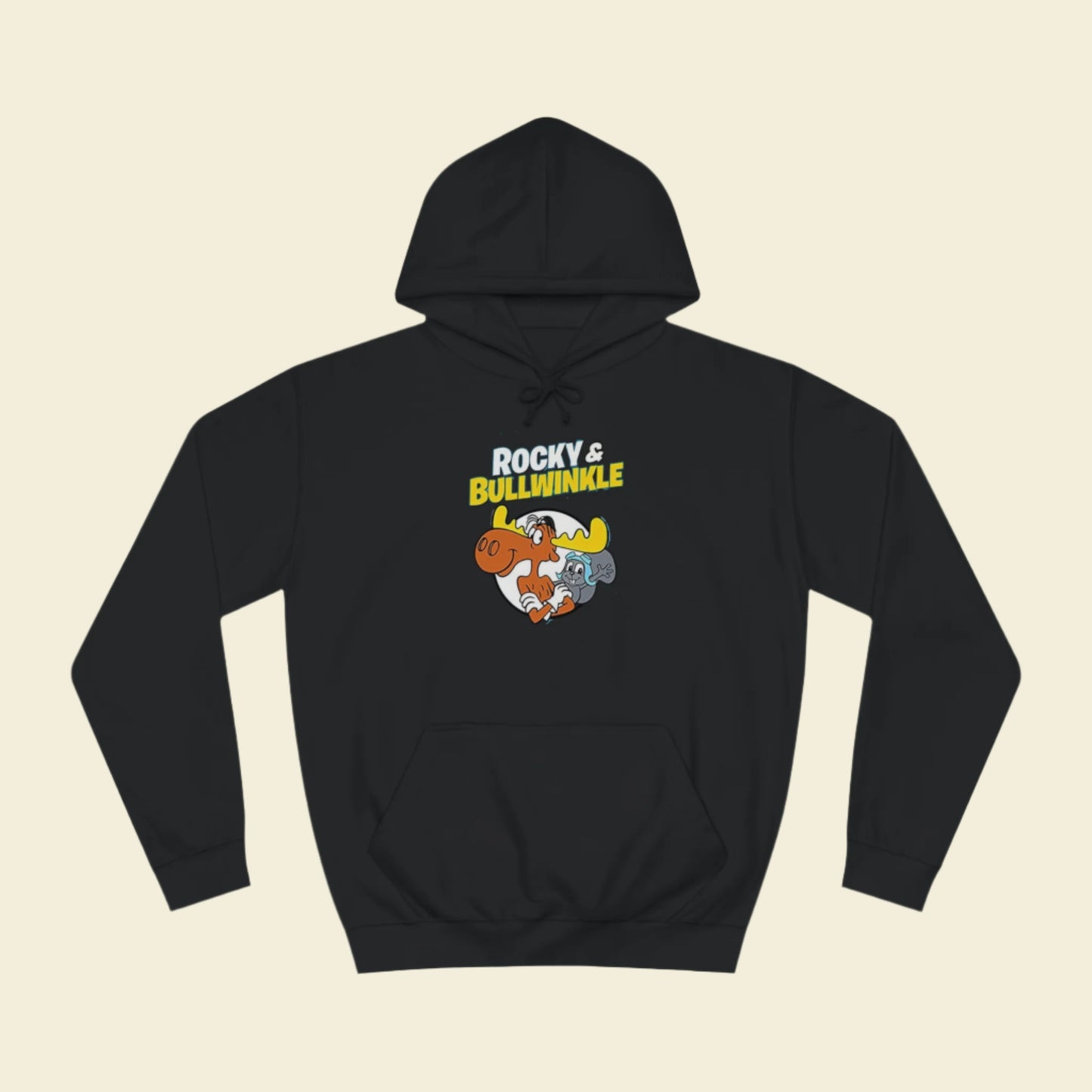 Rocky and Bullwinkle Unisex College Hoodie. Black hooded sweatshirt for under $50 with 60's cartoon graphic print on the front.