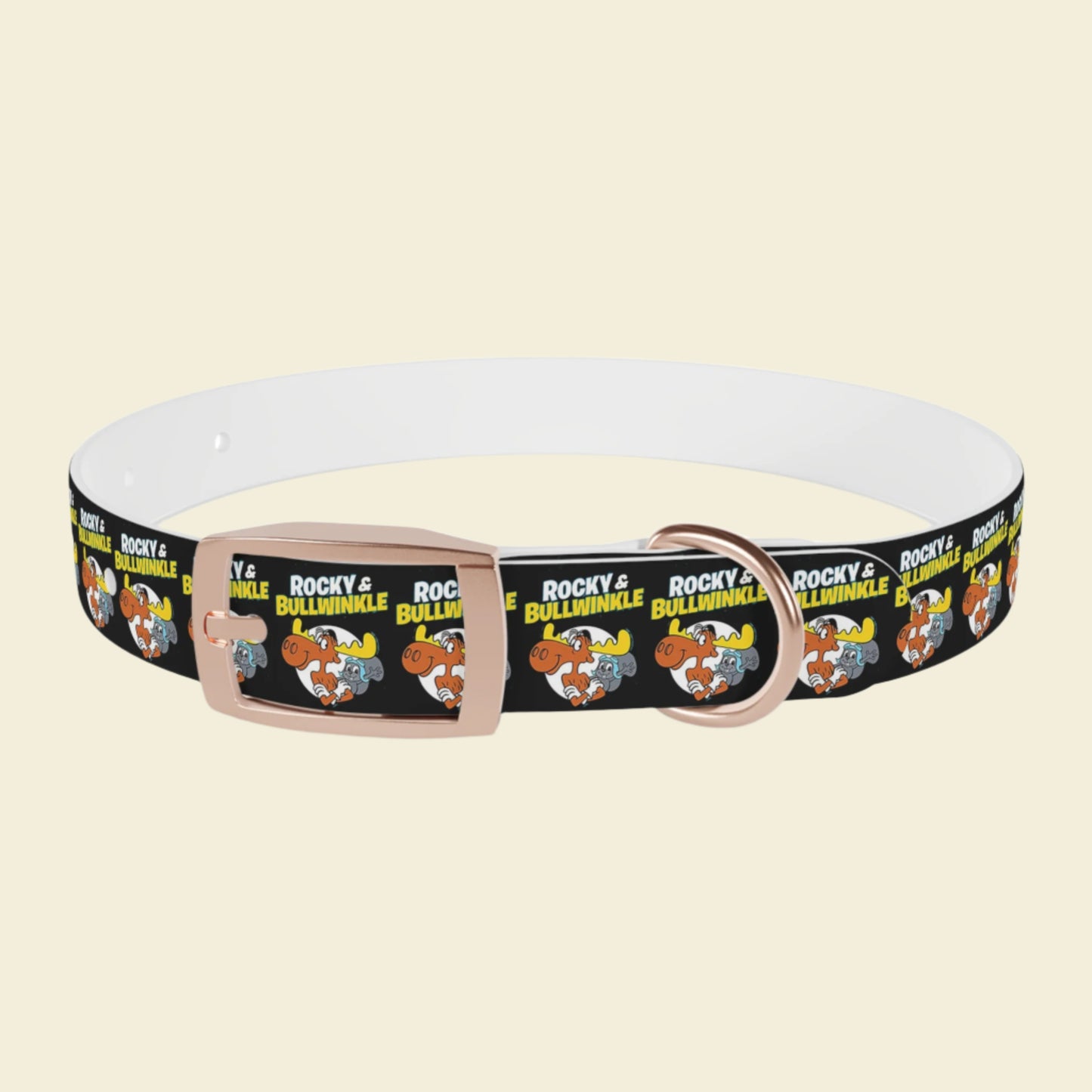 Rocky and Bullwinkle dog collar in black with silver buckle