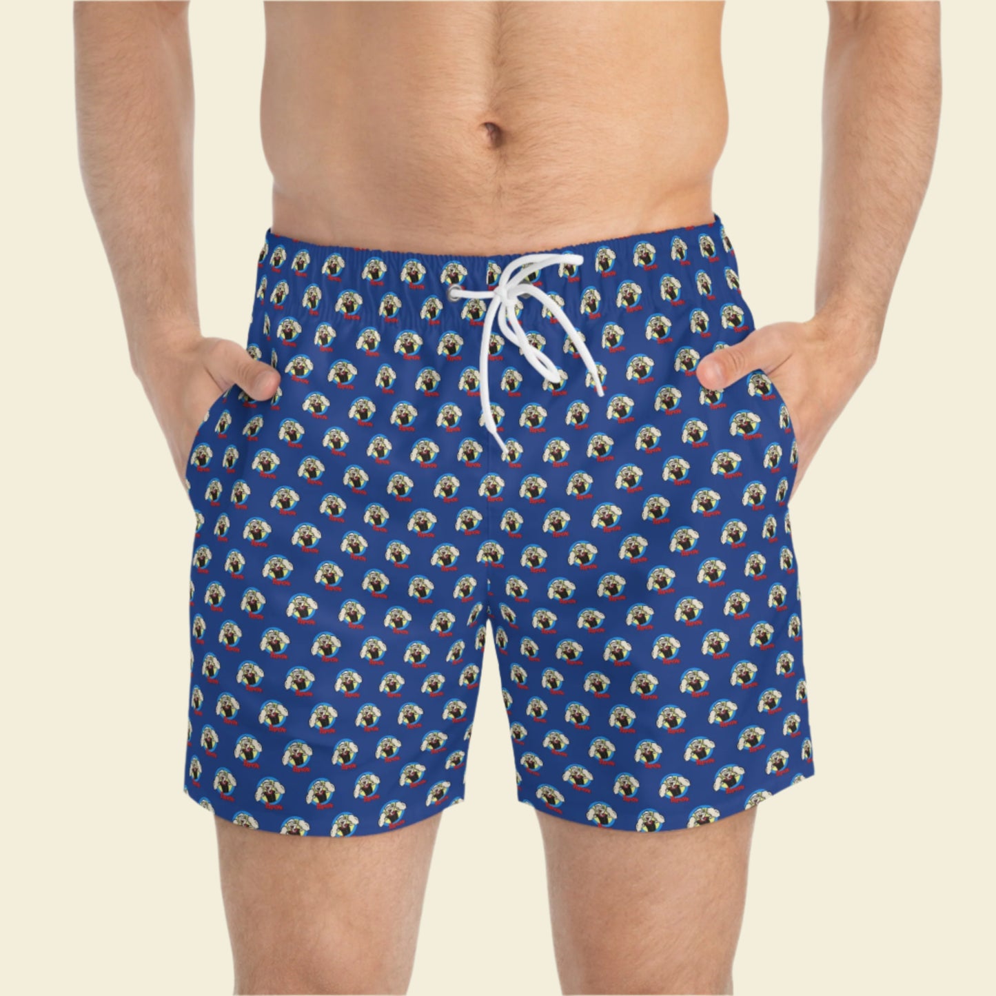 Popeye cartoon swim trunks. Popeye Swim shorts. Blue swim shorts make a great popeye gift. Ideal for Vacations.