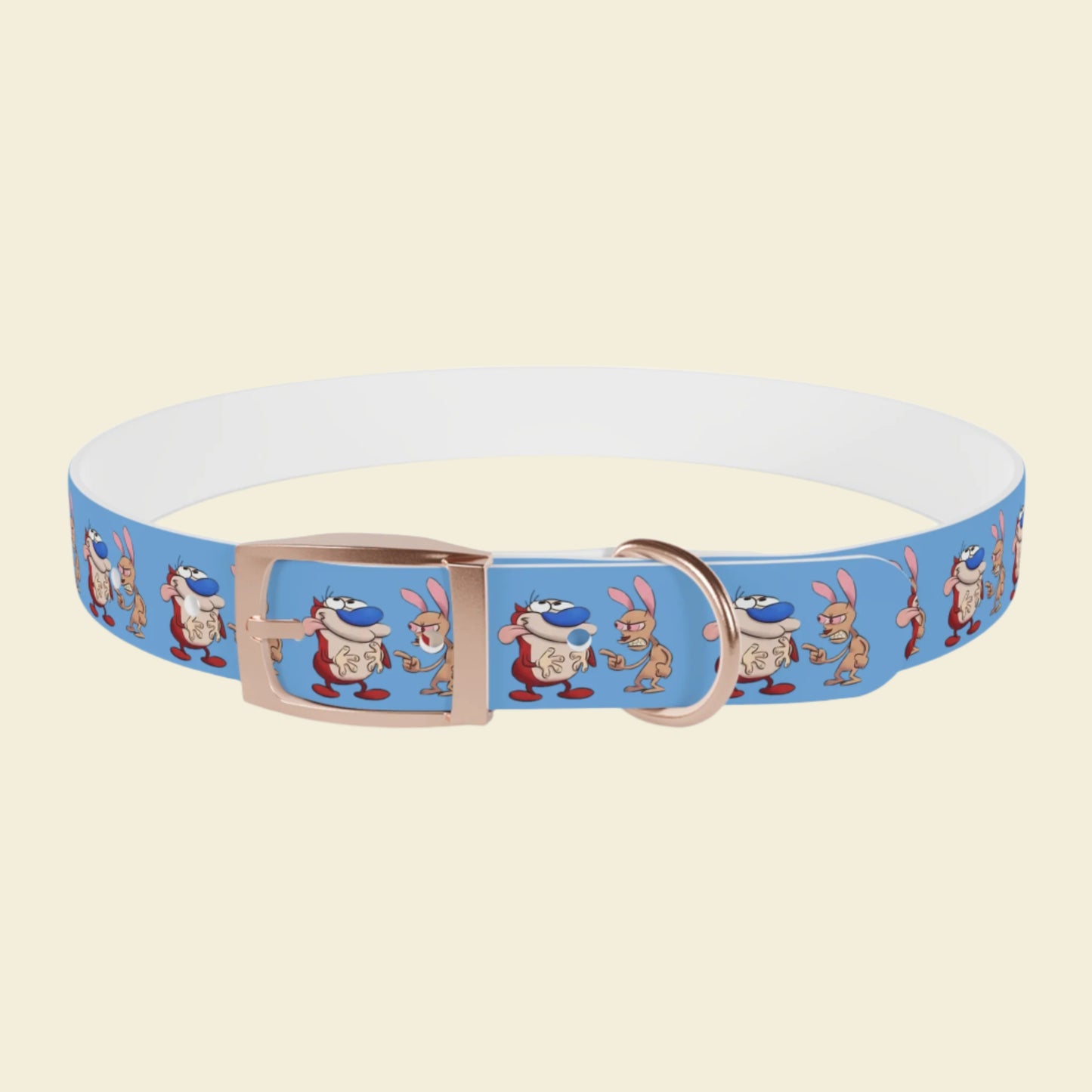Custom Cartoon Dog Collar Ren and Stimpy. Rose gold buckle blue Pet collar.