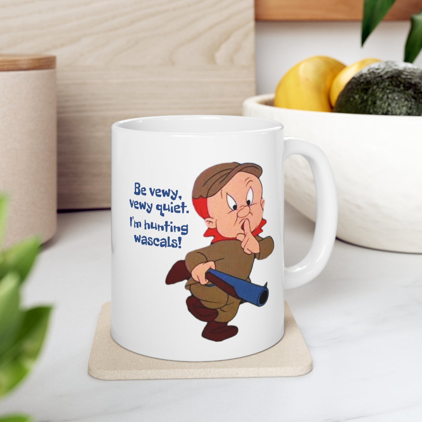 Elmer Fudd Ceramic Mug 11oz. Funny novelty coffee cup with vintage cartoon print. Coffee mug gift for under ten dollars.