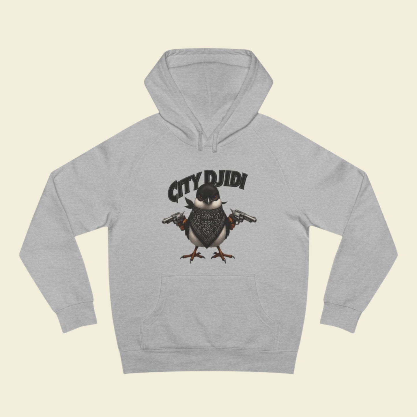 City Djidi, A Willy Wagtail Pullover. Bird Gangster Unisex Hoodie, Streetwear Apparel. Willie Wagtail Hooded Sweatshirt.