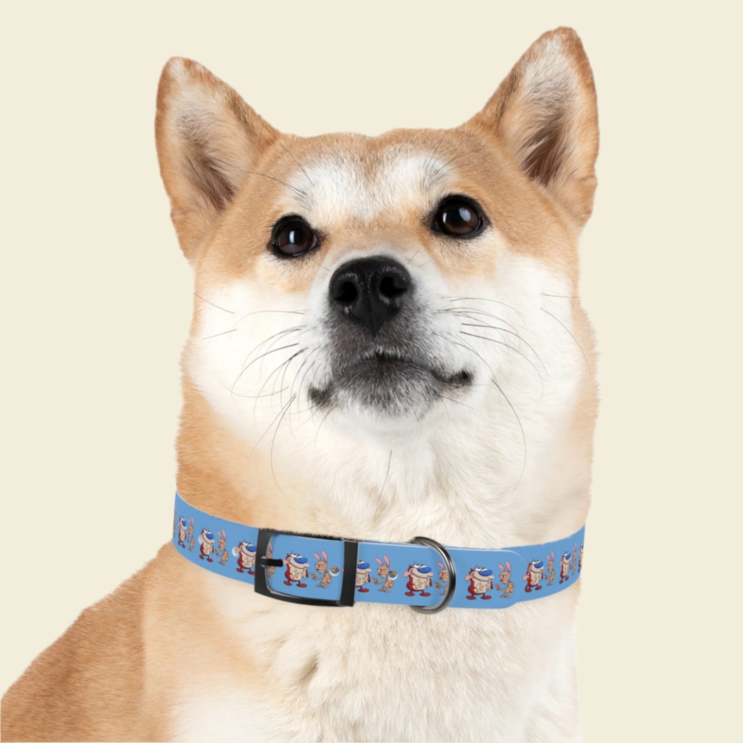 Custom Cartoon Dog Collar Ren and Stimpy. Rose gold buckle blue Pet collar.