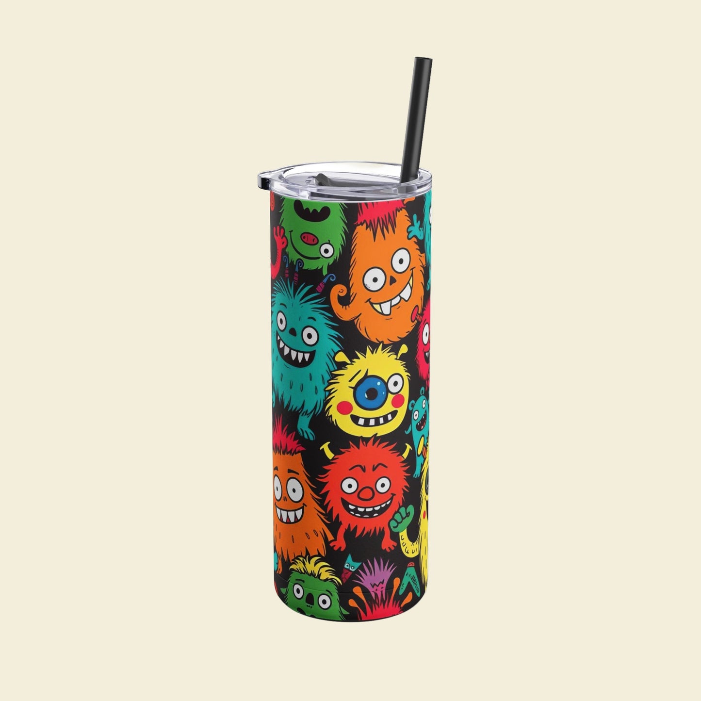 Insulated Tumbler with colorful monster design on a beige background