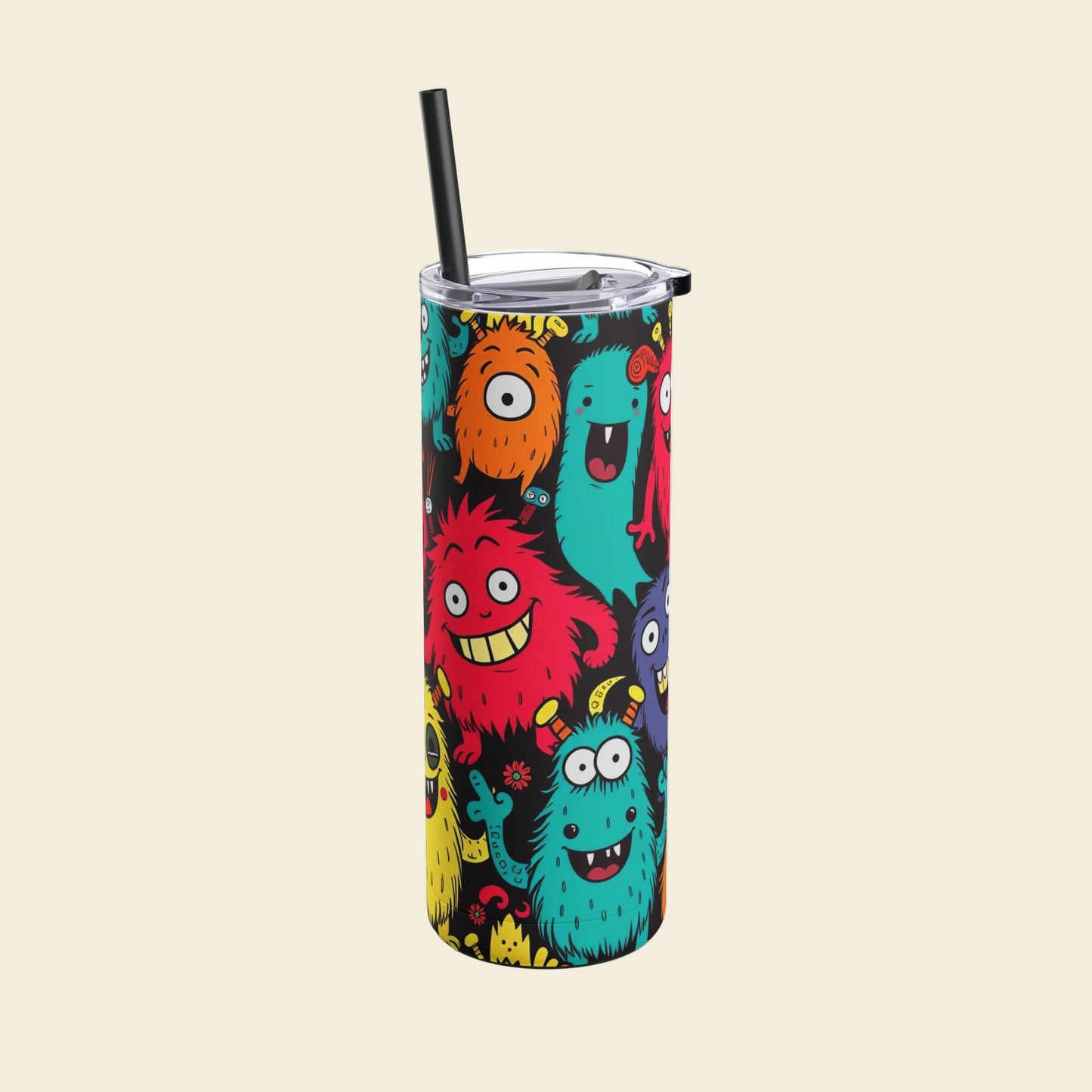 Stainless steel Tumbler with colorful monster design on a beige background