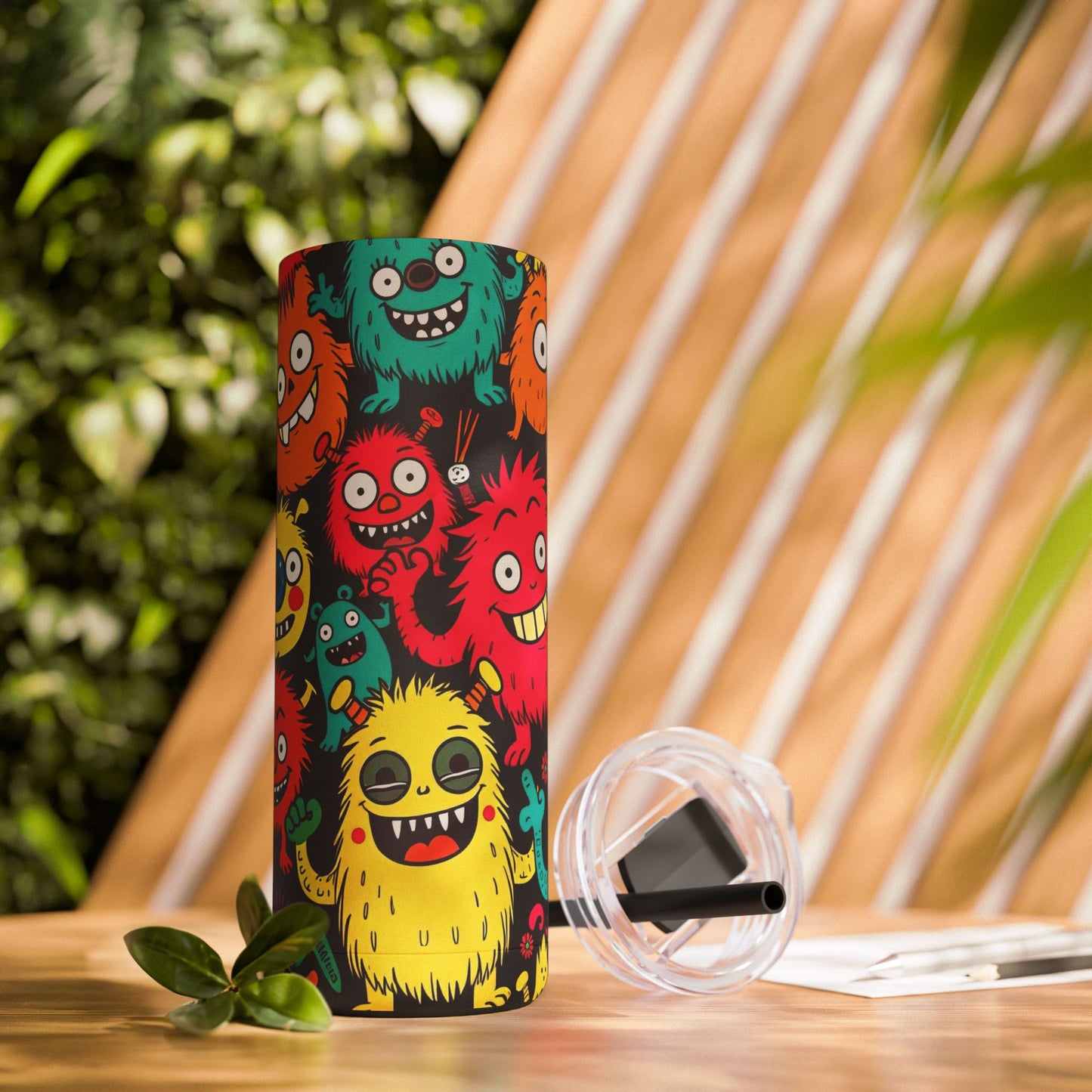 Colorful stainless steel tumbler with cartoon monster design on a wooden surface with plants in the background.
