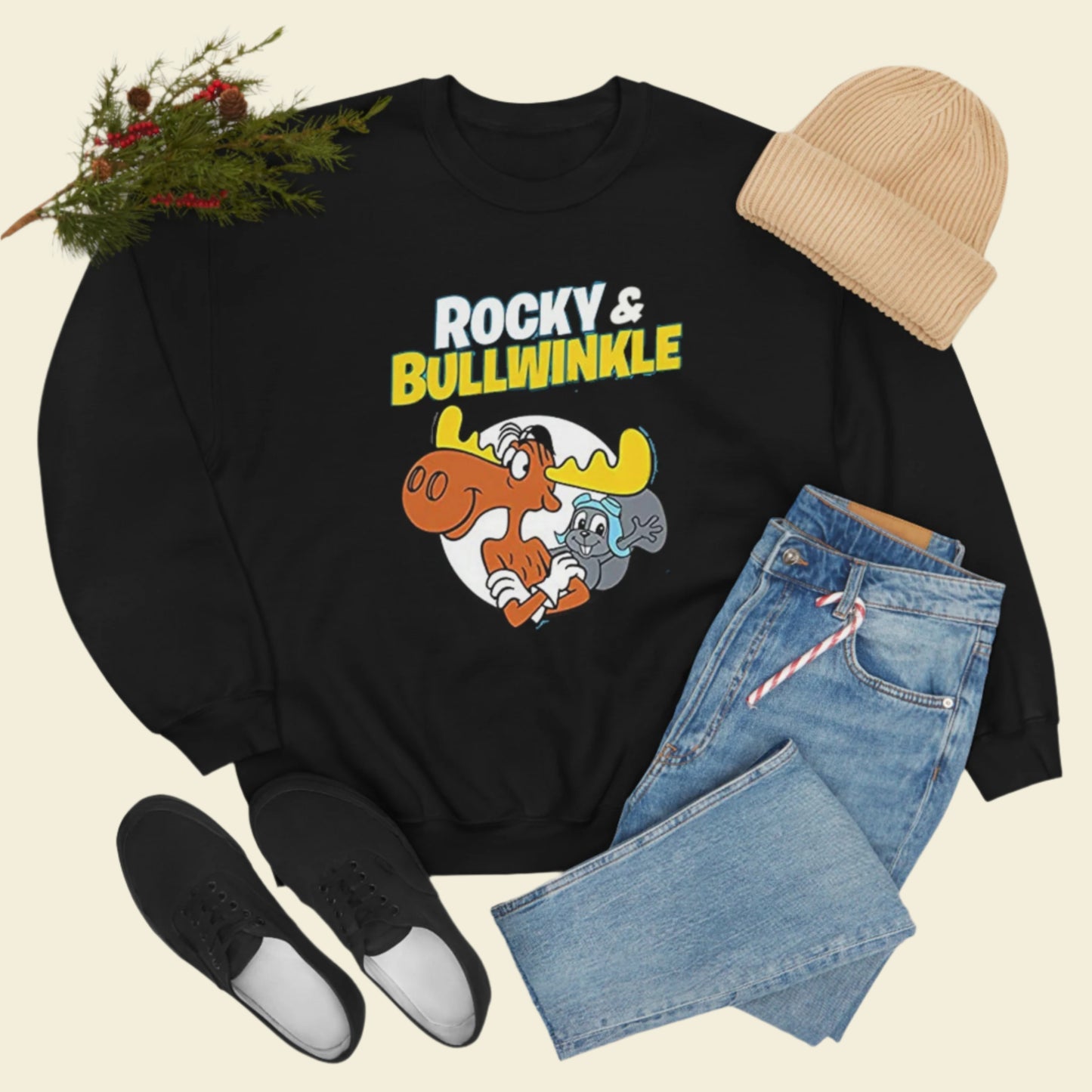 60s cartoon Rocky and Bullwinkle Unisex Heavy Blend™ Crewneck Sweatshirt Gildan 18000. Black sweater.