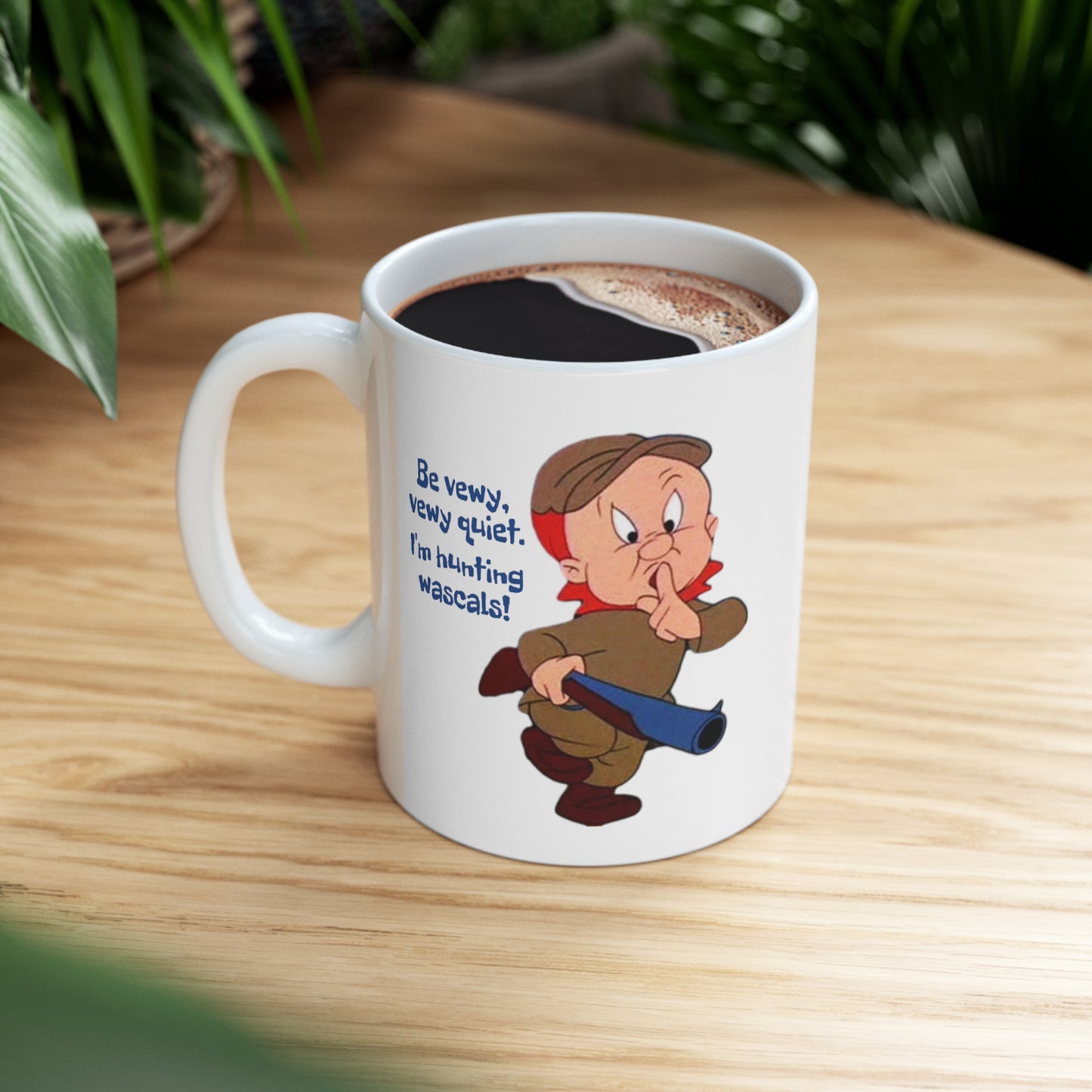 Elmer Fudd Ceramic Mug 11oz. Funny novelty coffee cup with vintage cartoon print. Coffee mug gift for under ten dollars.