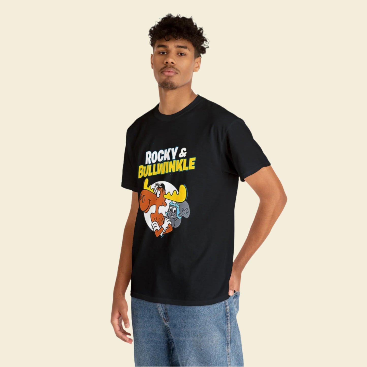 Black cotton Rocky and Bullwinkle Gildan 5000 T-Shirt featuring 60s cartoon Moose and Squirrel graphic on the front.