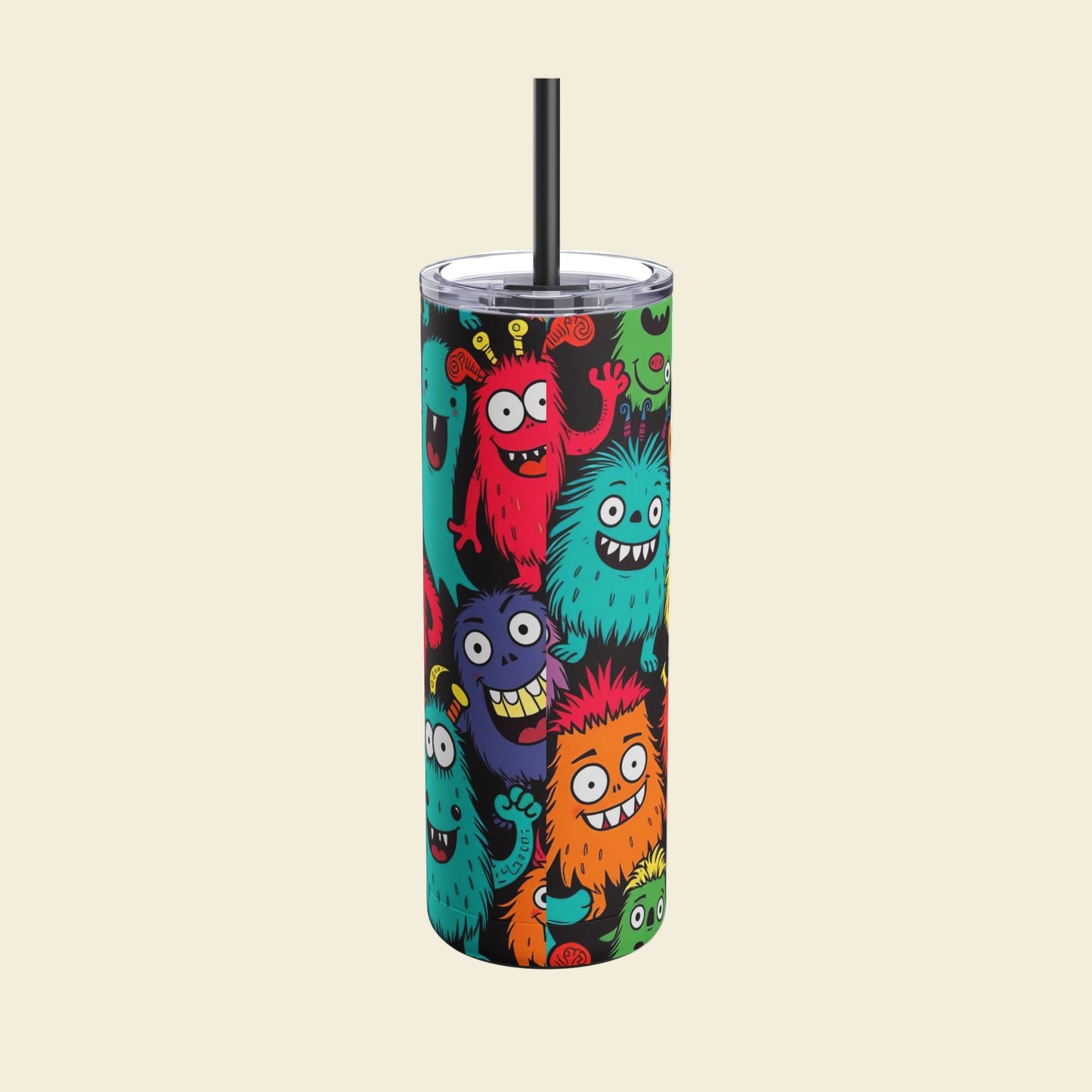 Back to school Tumbler with colorful monster design on a beige background