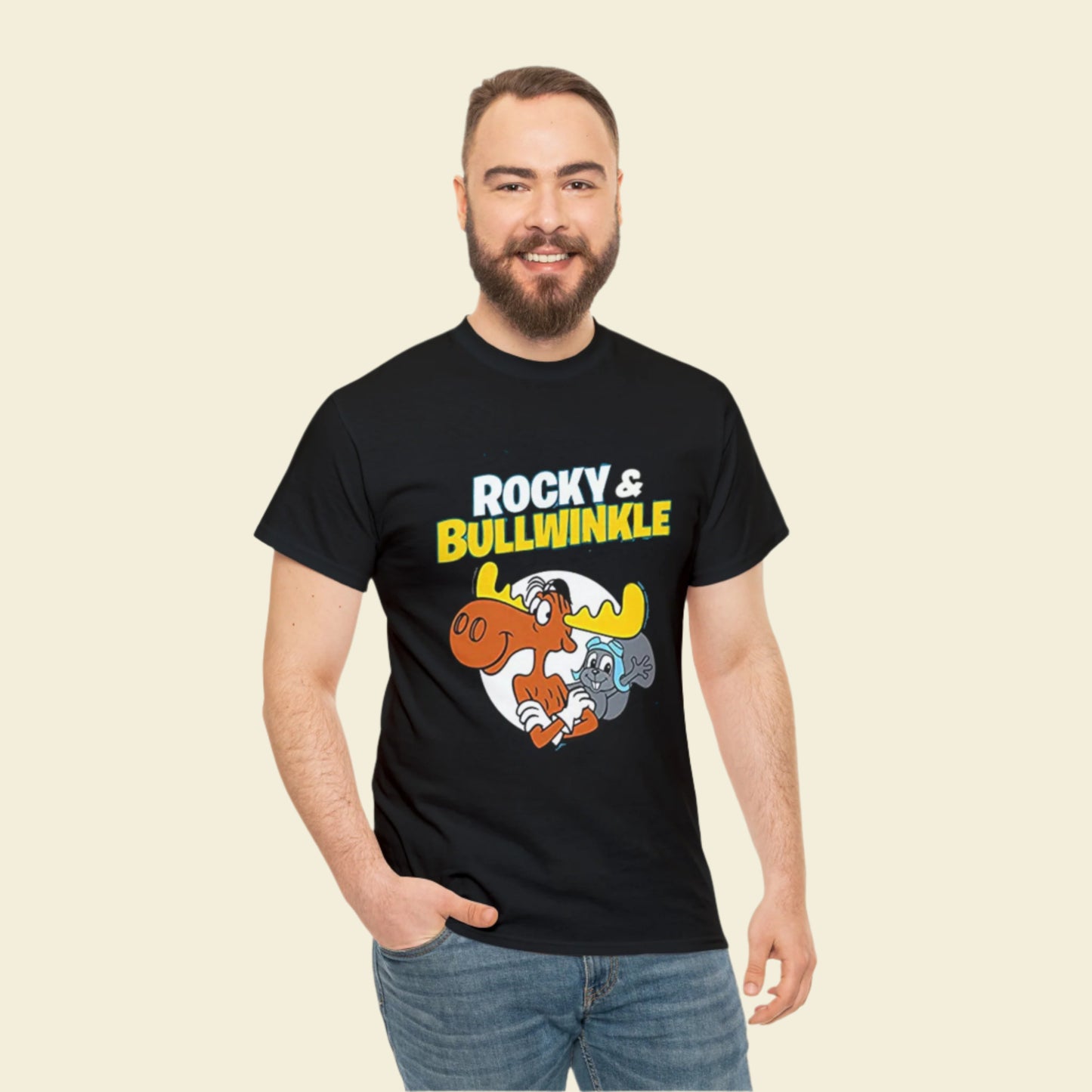 Black cotton Rocky and Bullwinkle Gildan 5000 T-Shirt featuring 60s cartoon Moose and Squirrel graphic on the front.