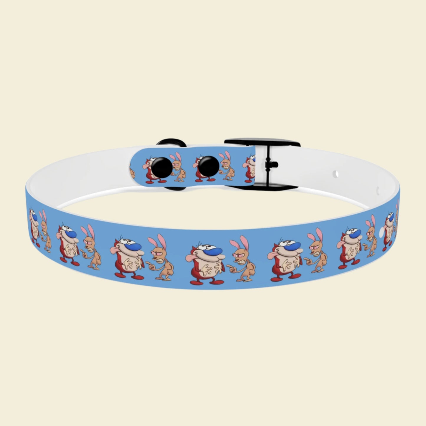 Custom Cartoon Dog Collar Ren and Stimpy. Rose gold buckle blue Pet collar.