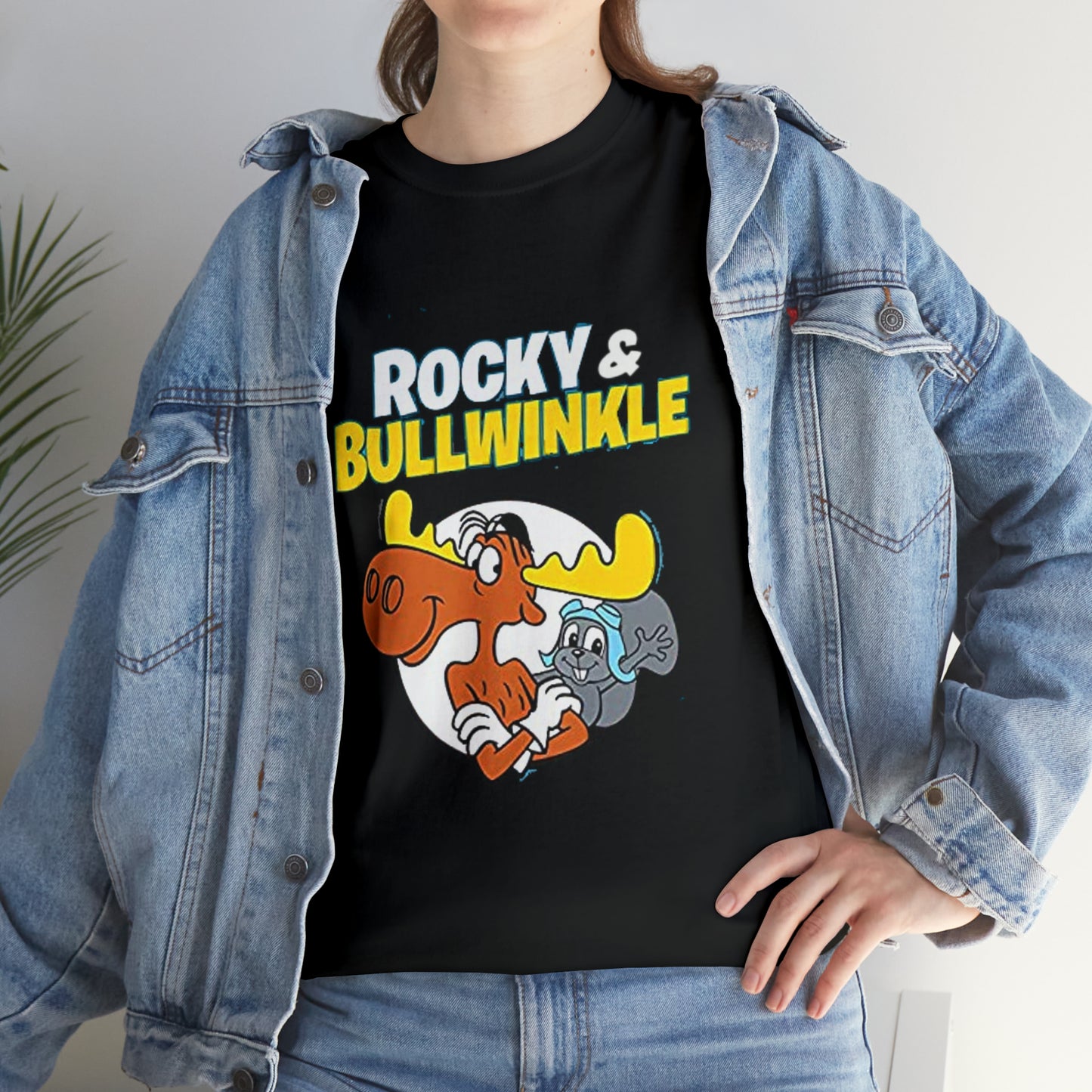 Black cotton Rocky and Bullwinkle Gildan 5000 T-Shirt featuring 60s cartoon Moose and Squirrel graphic on the front.