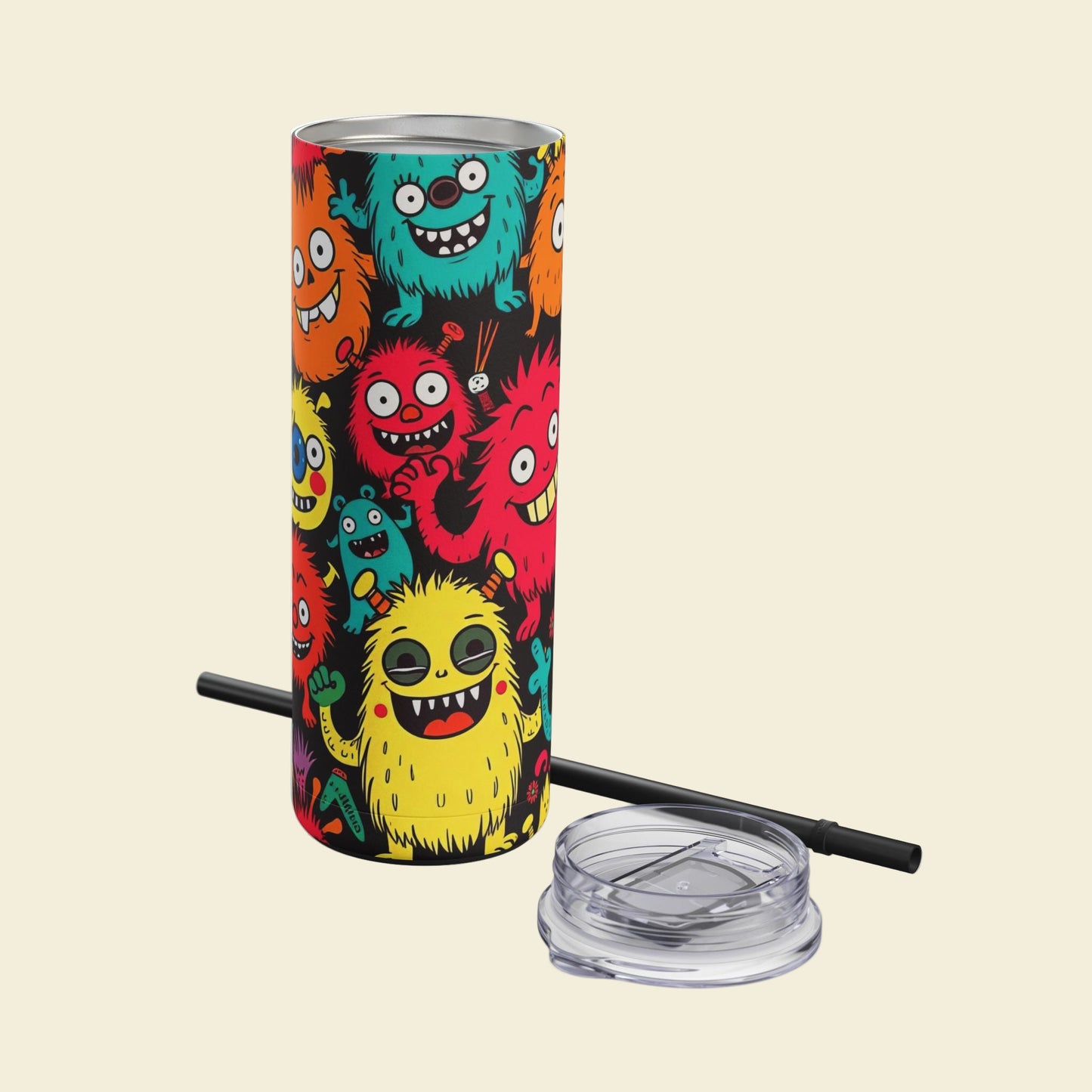 Insulated Tumbler with colorful monster design on a beige background