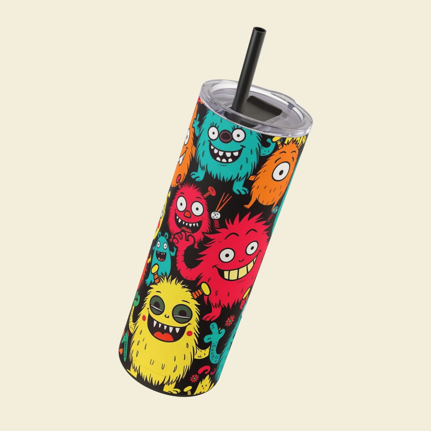 Colorful back to school tumbler with cartoon monster design on a beige background
