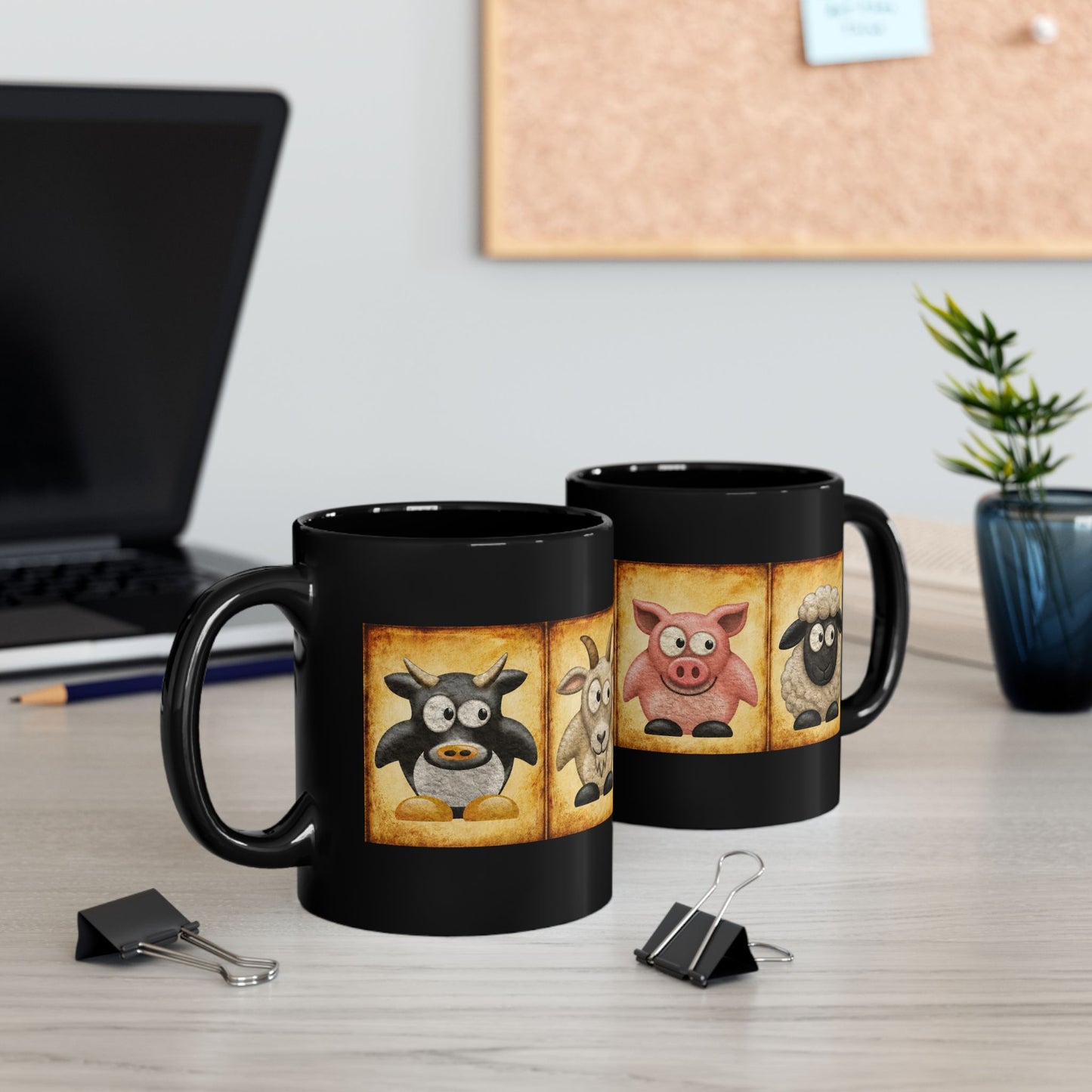 Black ceramic farm animal coffee mug featuring vintage goat pig and sheep artwork on a farmhouse-inspired design.