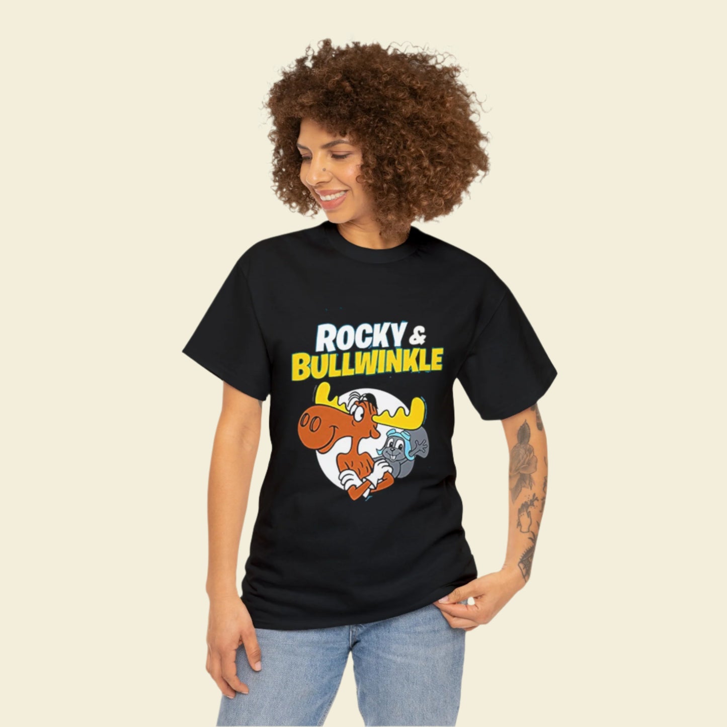Black cotton Rocky and Bullwinkle Gildan 5000 T-Shirt featuring 60s cartoon Moose and Squirrel graphic on the front.