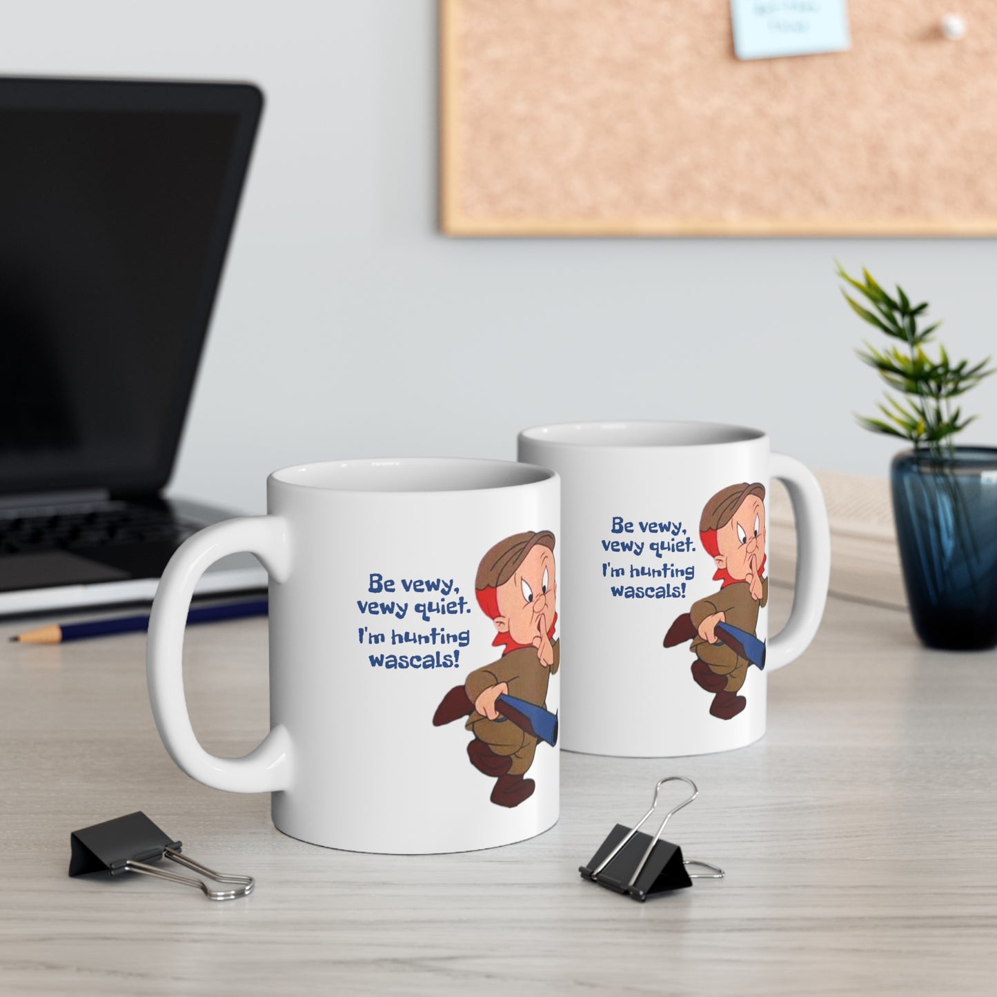 Elmer Fudd Ceramic Mug 11oz. Funny novelty coffee cup with vintage cartoon print. Coffee mug gift for under ten dollars.