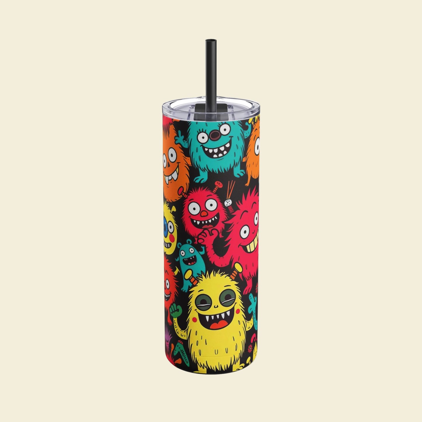 Back to school Tumbler with colorful monster design on a plain color background