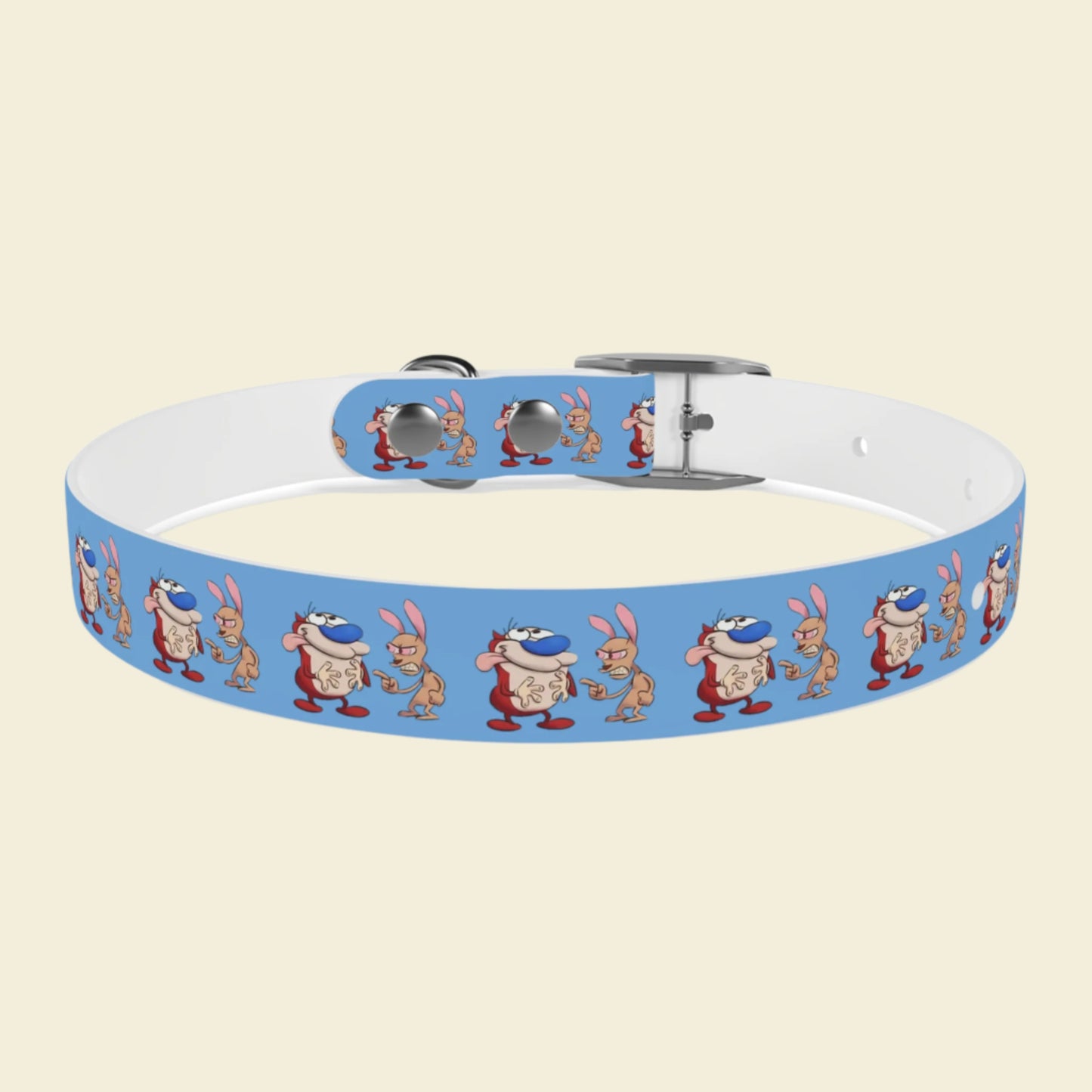 Custom Cartoon Dog Collar Ren and Stimpy. Rose gold buckle blue Pet collar.