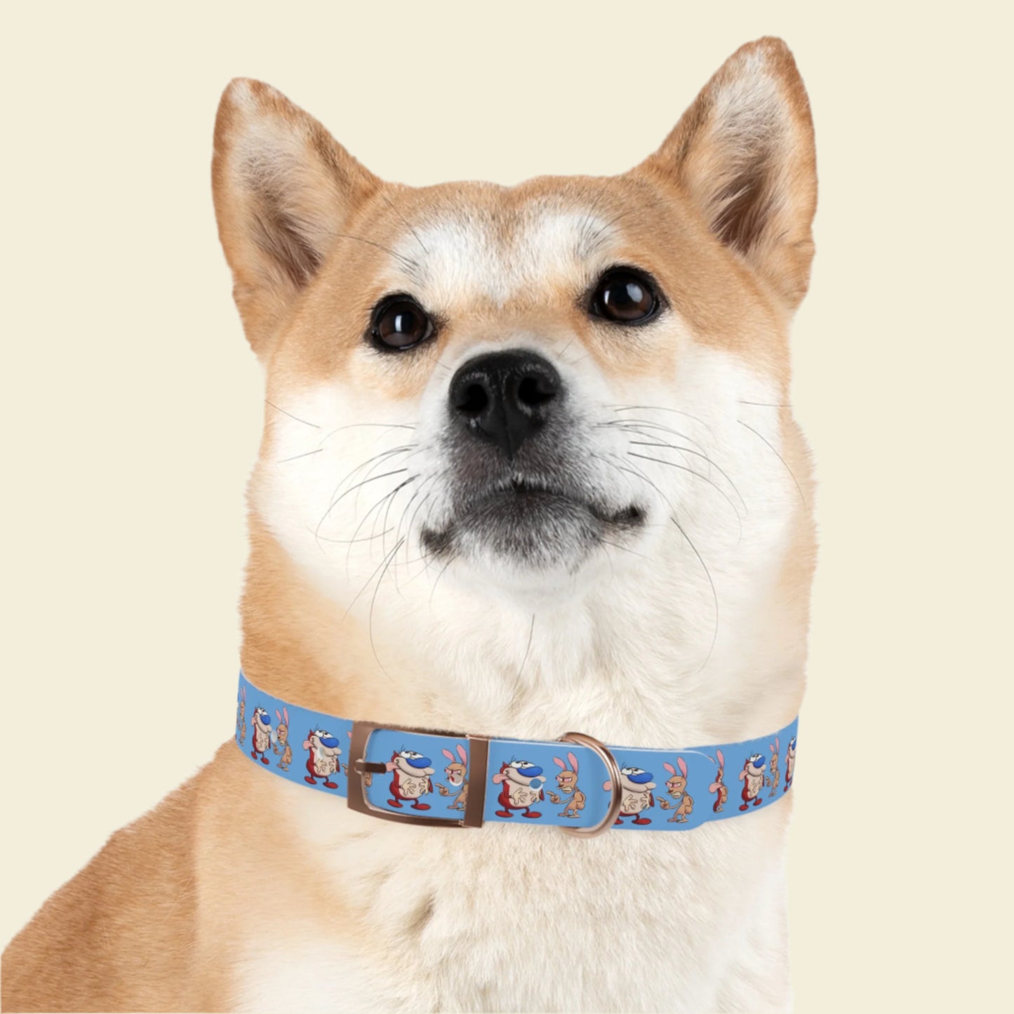 Custom Cartoon Dog Collar Ren and Stimpy. Rose gold buckle blue Pet collar.