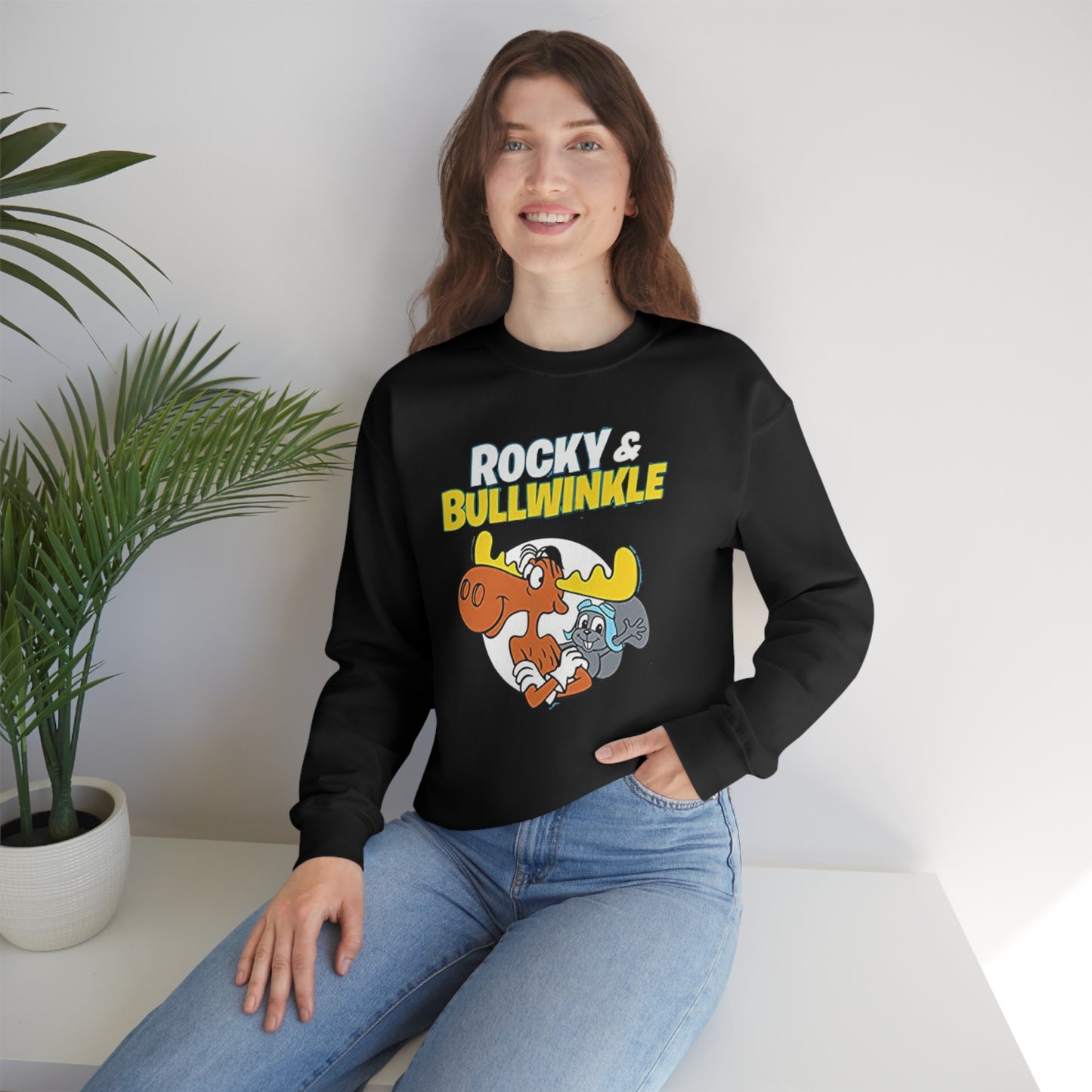 60s cartoon Rocky and Bullwinkle Unisex Heavy Blend™ Crewneck Sweatshirt Gildan 18000. Black sweater.