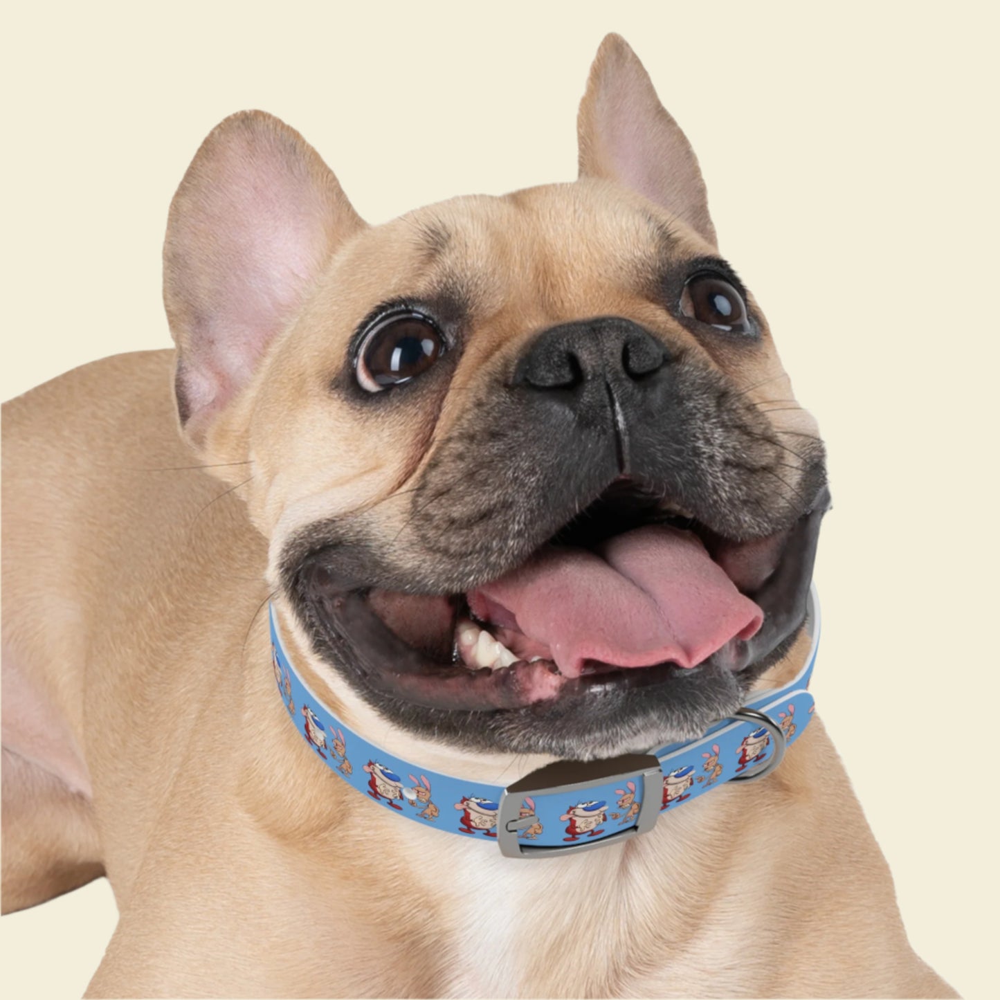 Custom Cartoon Dog Collar Ren and Stimpy. Rose gold buckle blue Pet collar.