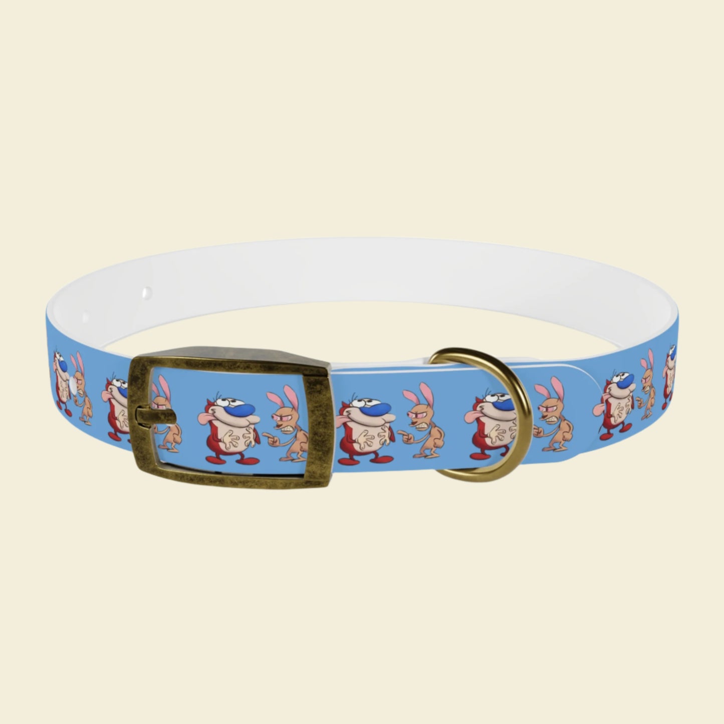 Custom Cartoon Dog Collar Ren and Stimpy. Rose gold buckle blue Pet collar.