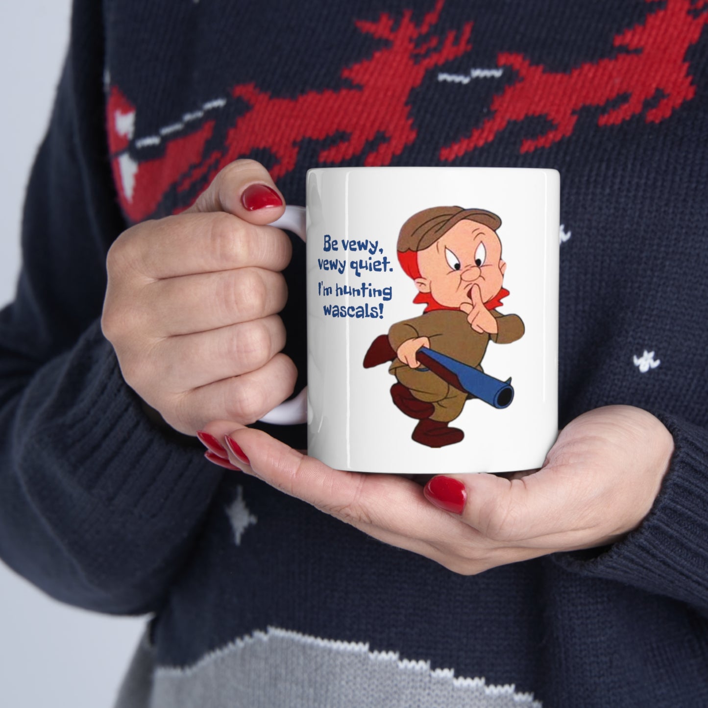 Elmer Fudd Ceramic Mug 11oz. Funny novelty coffee cup with vintage cartoon print. Coffee mug gift for under ten dollars.