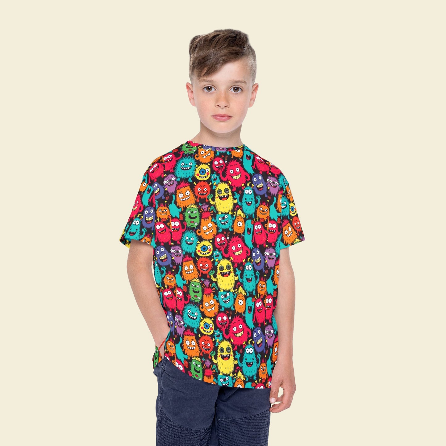 Moisture wicking kids Monster back to school t-shirt for Going back to school supplies on a plain background.