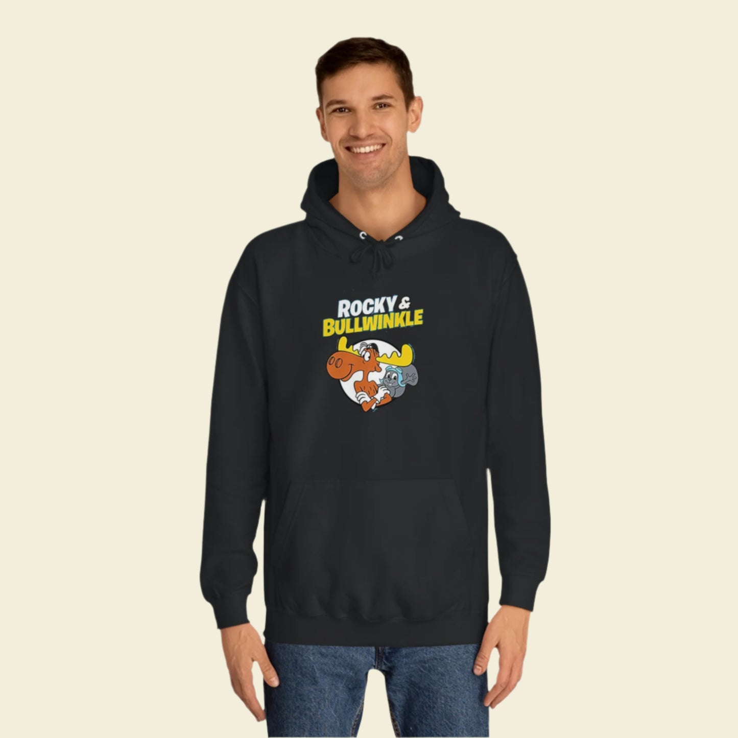 Rocky and Bullwinkle Unisex College Hoodie. Black hooded sweatshirt for under $50 with 60's cartoon graphic print on the front.