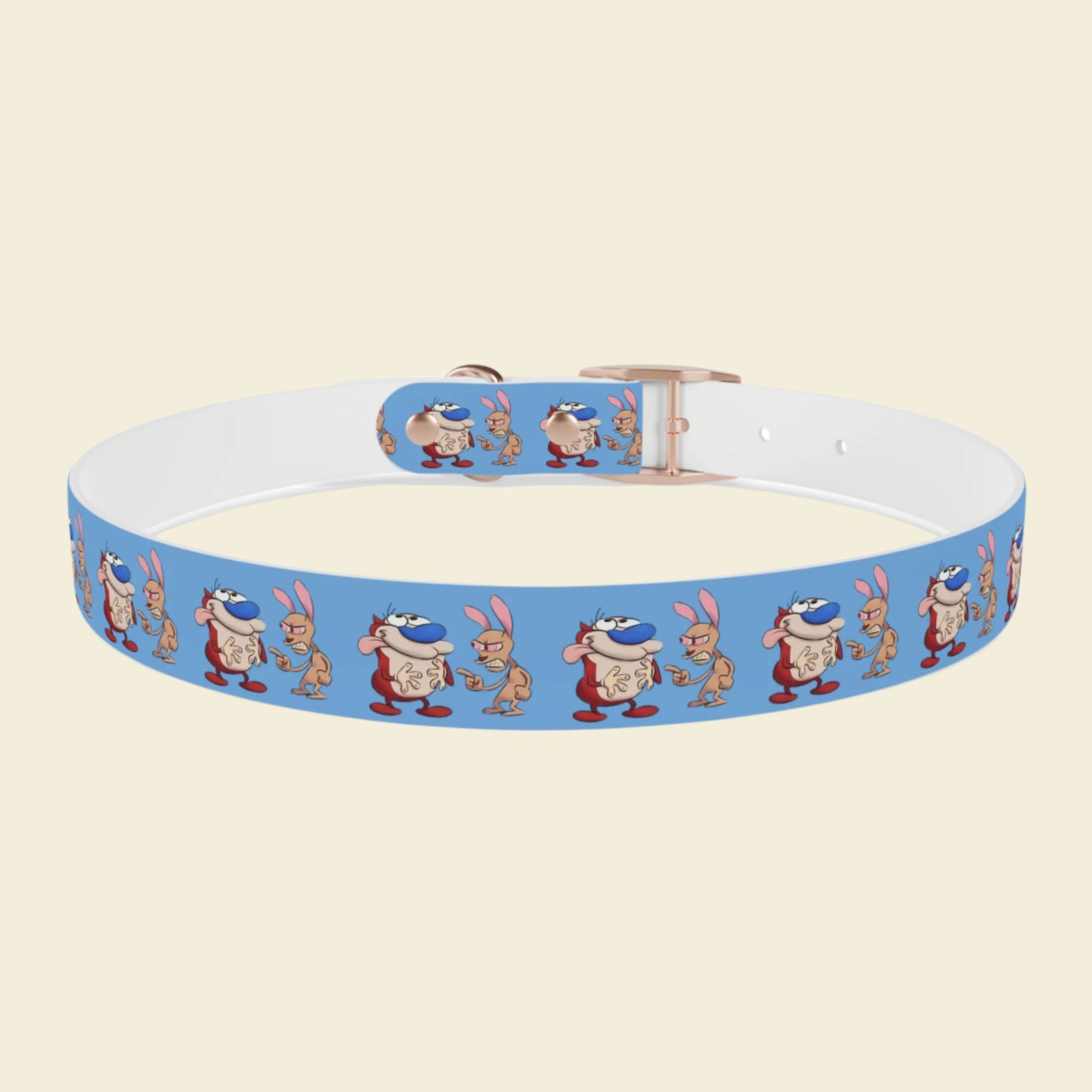 Custom Cartoon Dog Collar Ren and Stimpy. Rose gold buckle blue Pet collar.