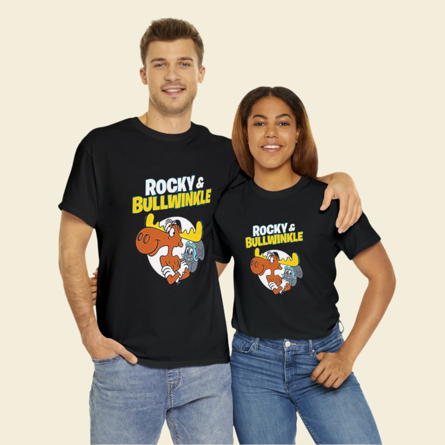 Black cotton Rocky and Bullwinkle Gildan 5000 T-Shirt featuring 60s cartoon Moose and Squirrel graphic on the front.