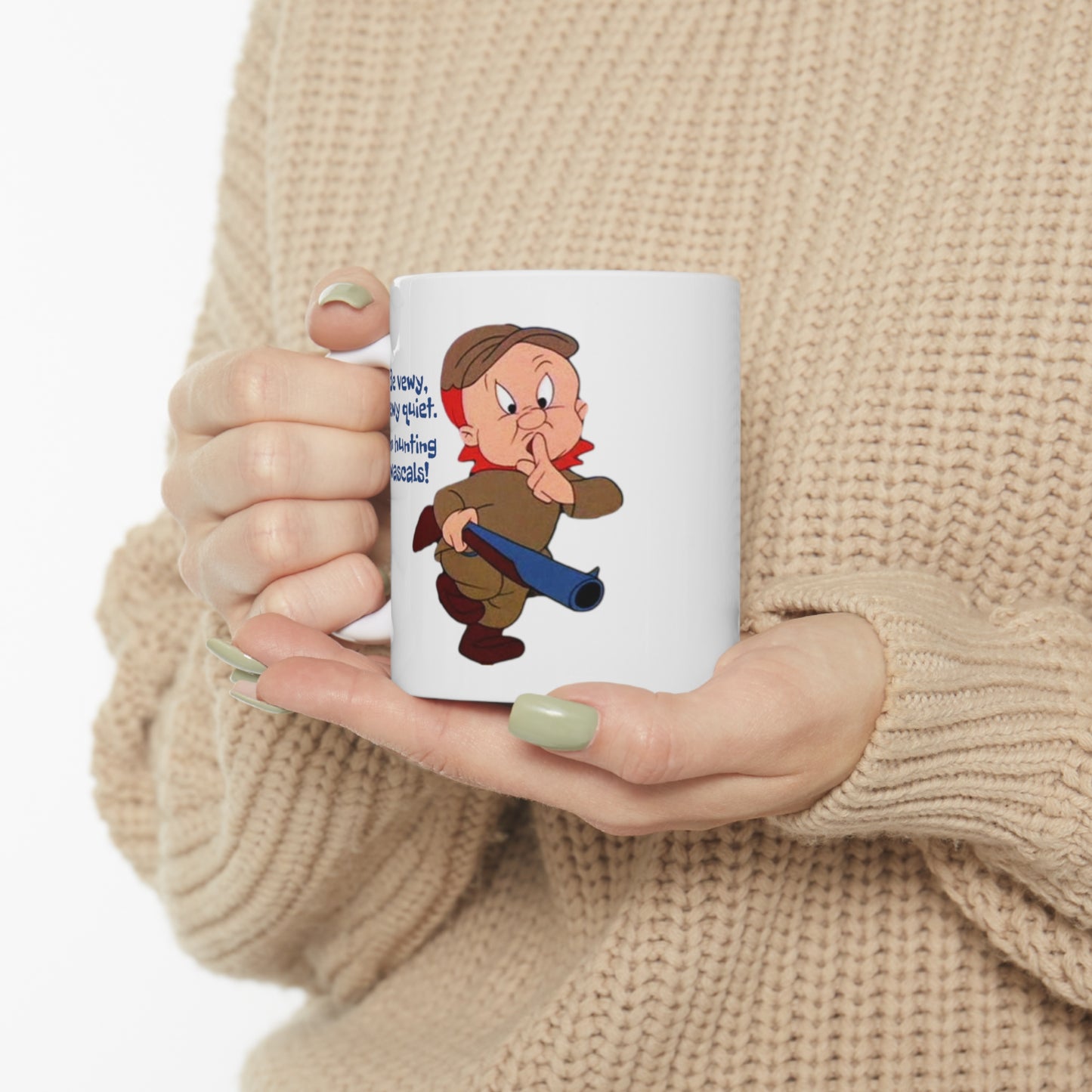 Elmer Fudd Ceramic Mug 11oz. Funny novelty coffee cup with vintage cartoon print. Coffee mug gift for under ten dollars.