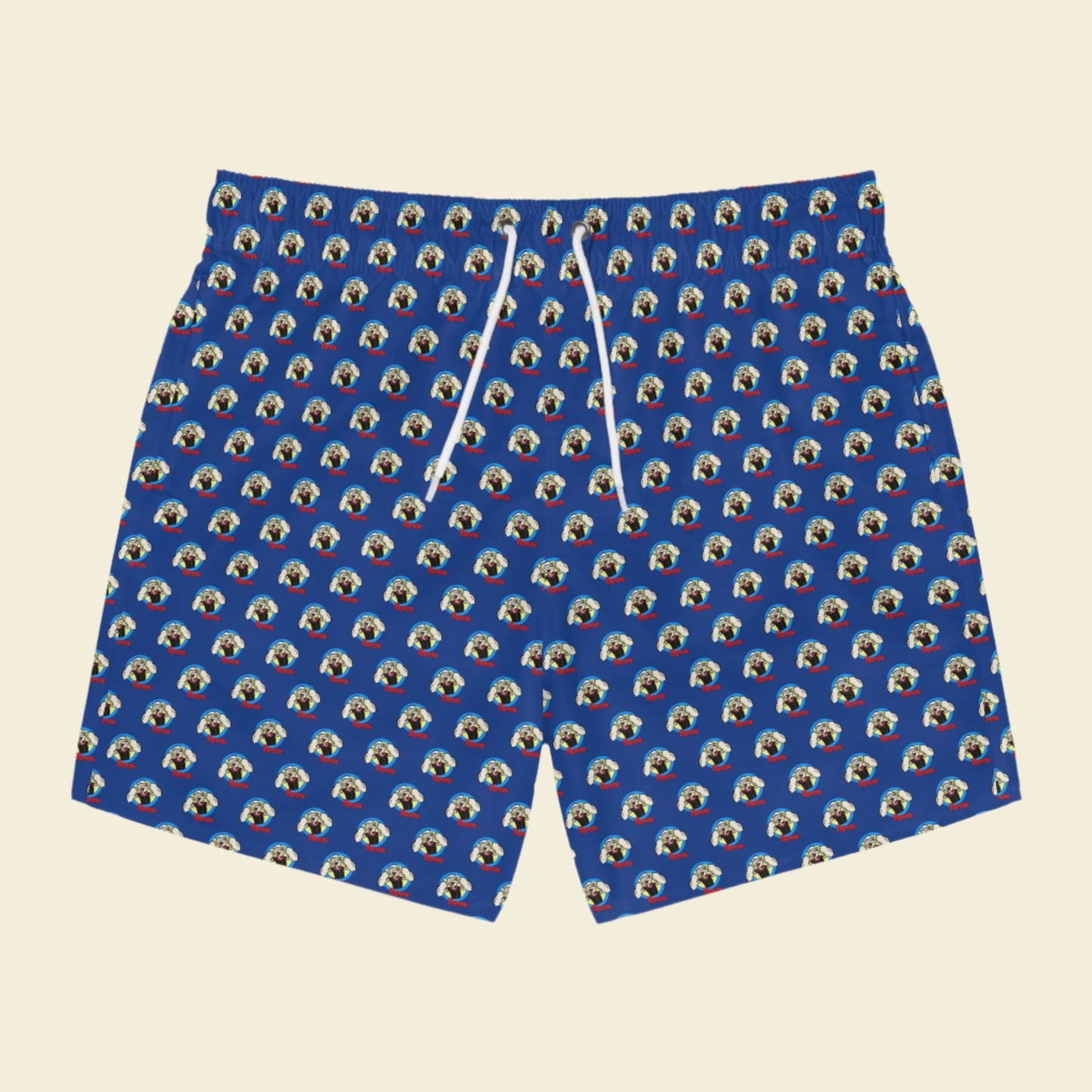 Popeye cartoon swim trunks. Popeye Swim shorts. Blue swim shorts make a great popeye gift. Ideal for Vacations.