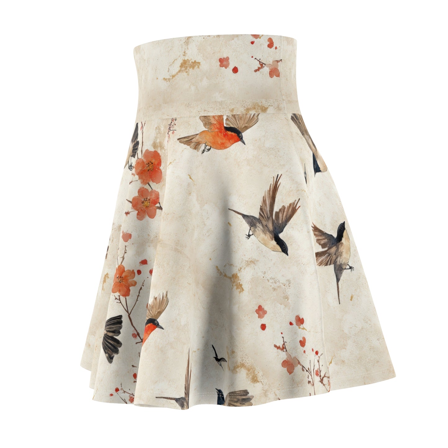 Japanese bird Skater Skirt. Stretchy flared casual mini skater skirt for women. Designed and assembled in the USA.