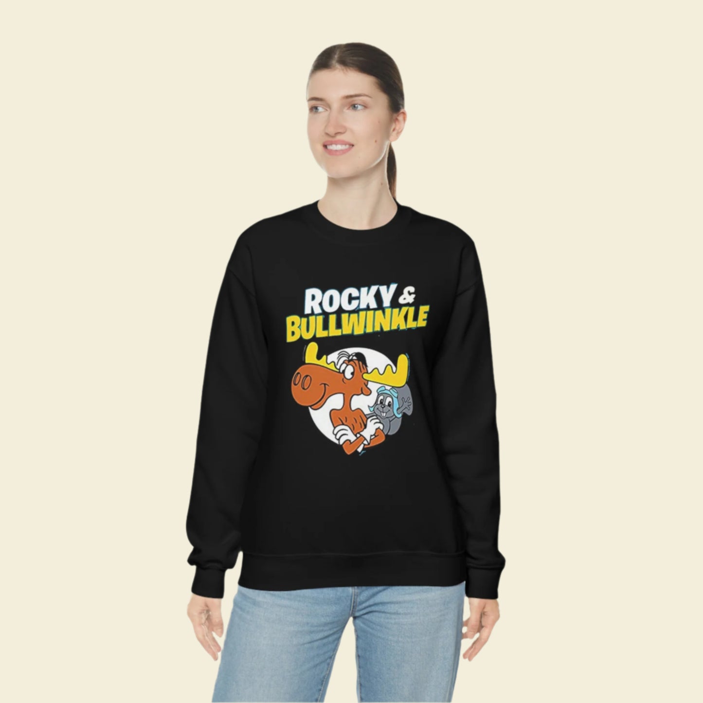 60s cartoon Rocky and Bullwinkle Unisex Heavy Blend™ Crewneck Sweatshirt Gildan 18000. Black sweater.